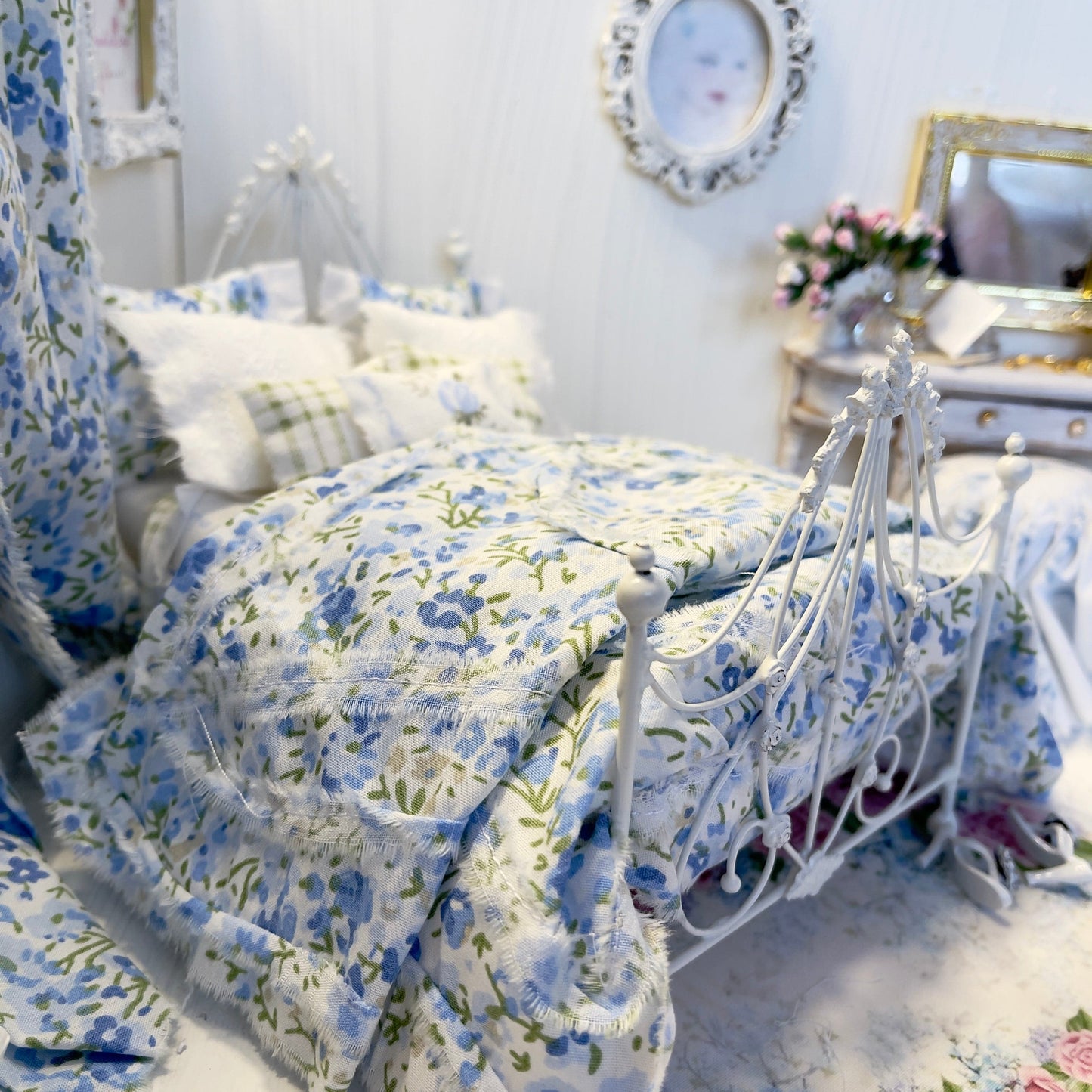 Chantallena Doll House Bedding DOUBLE (9 inch by 9 inch) Lillian Grace| Blue Ditsy Floral and Green Check Cotton Bedding Set