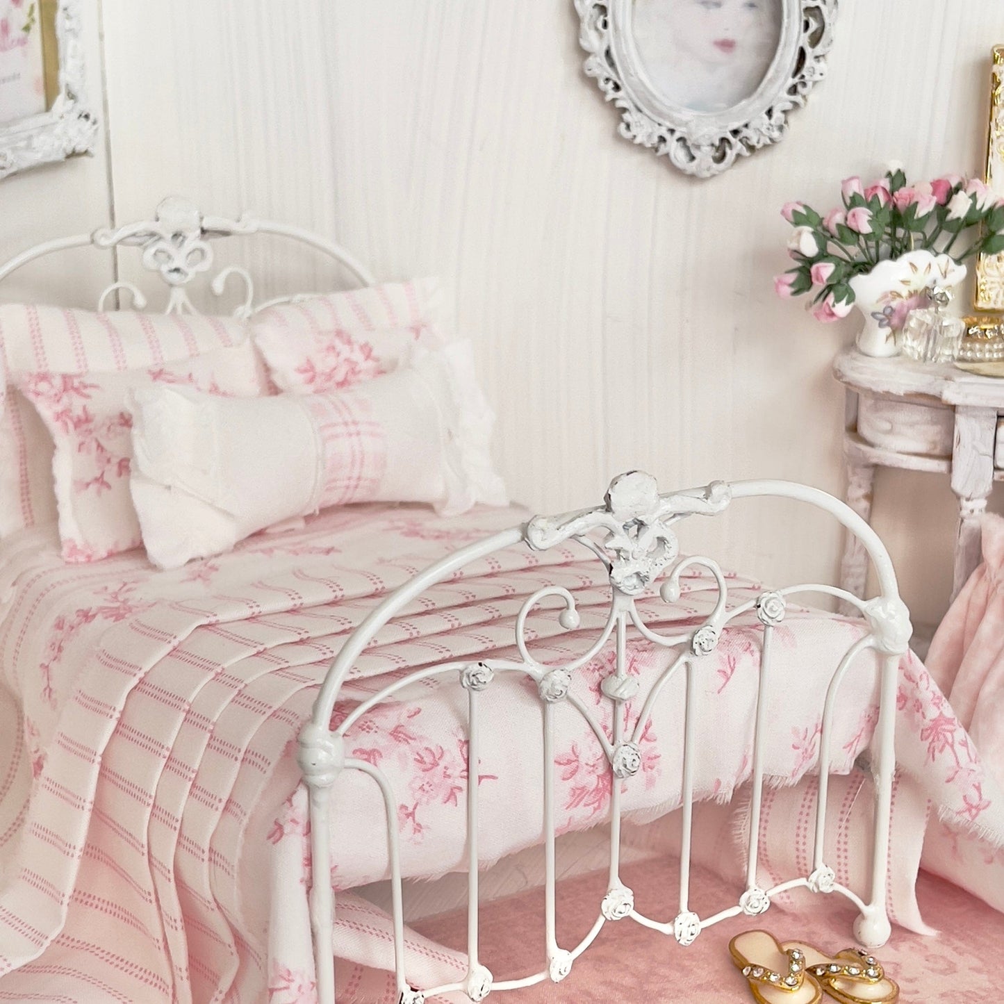 Chantallena Doll House Bedding DOUBLE (9 inch by 9 inch) Lillian Grace| Pink and White Stripe and Pink Toile Cotton Bedding Set