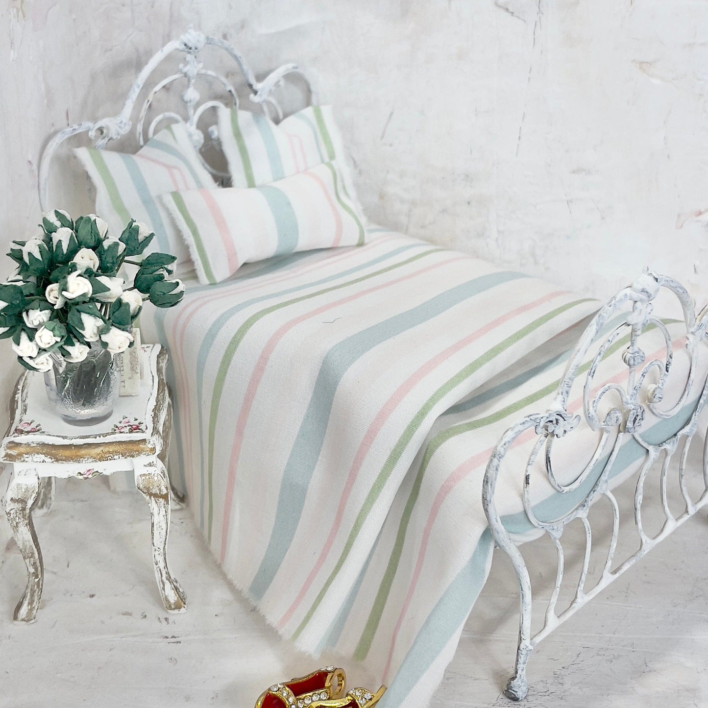 Chantallena Doll House Bedding DOUBLE (9 inch by 9 inch) Simply Lena | Five Piece Pastel Striped Cotton Bedding Set |