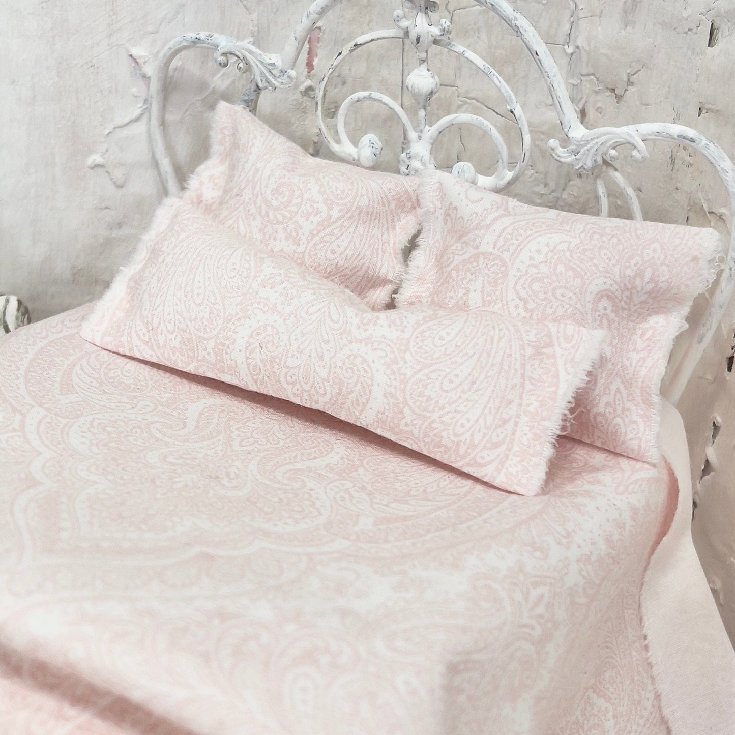 Chantallena Doll House Bedding DOUBLE (9 inch by 9 inch) Simply Lena | Five Piece Pink and White Damask Cotton Bedding Set |