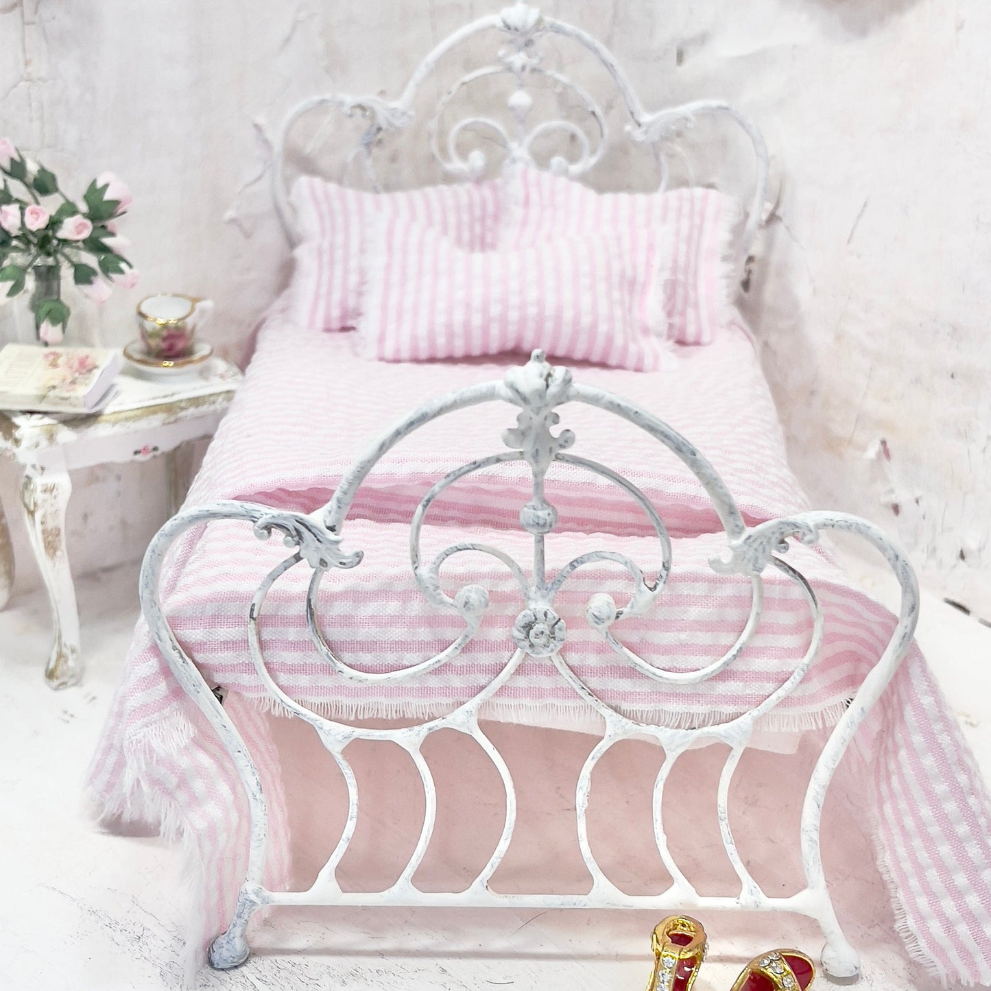 Chantallena Doll House Bedding DOUBLE (9 inch by 9 inch) Simply Lena | Five Piece Pink and White Seersucker Cotton Bedding Set |