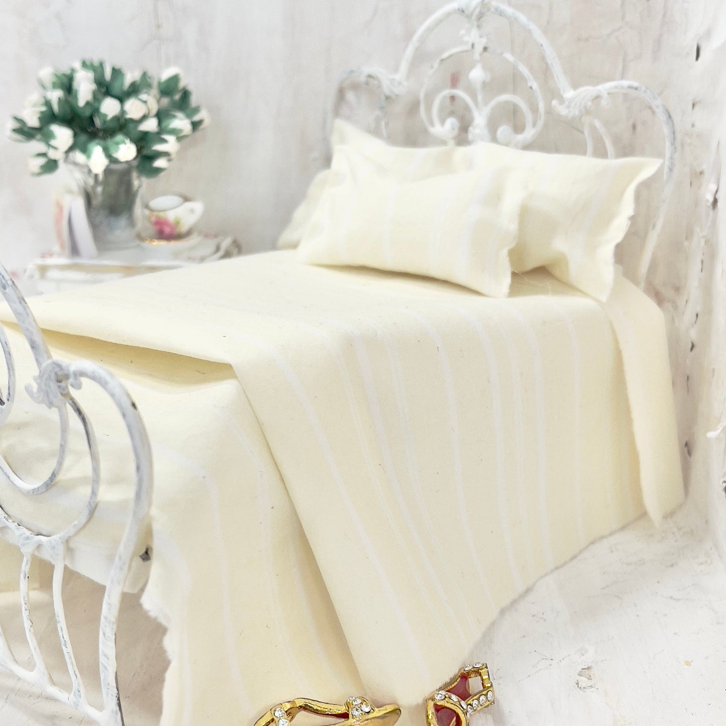 Chantallena Doll House Bedding DOUBLE (9 inch by 9 inch) Simply Lena | Five Piece Shabby Yellow and White Striped Cotton Bedding Set |