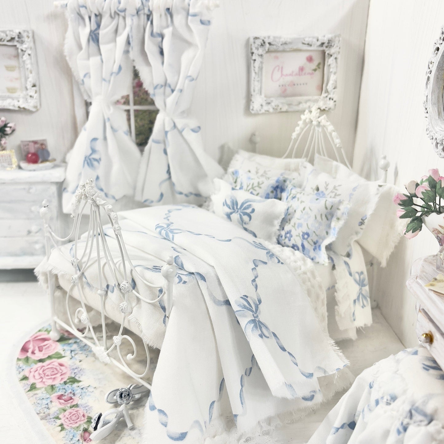 Chantallena Doll House Bedding Double with 2 Panel Bows Curtain $40.00 Lillian Grace| Blue Ribboned Bow with Blue Rose Trellis Cotton Bedding Set