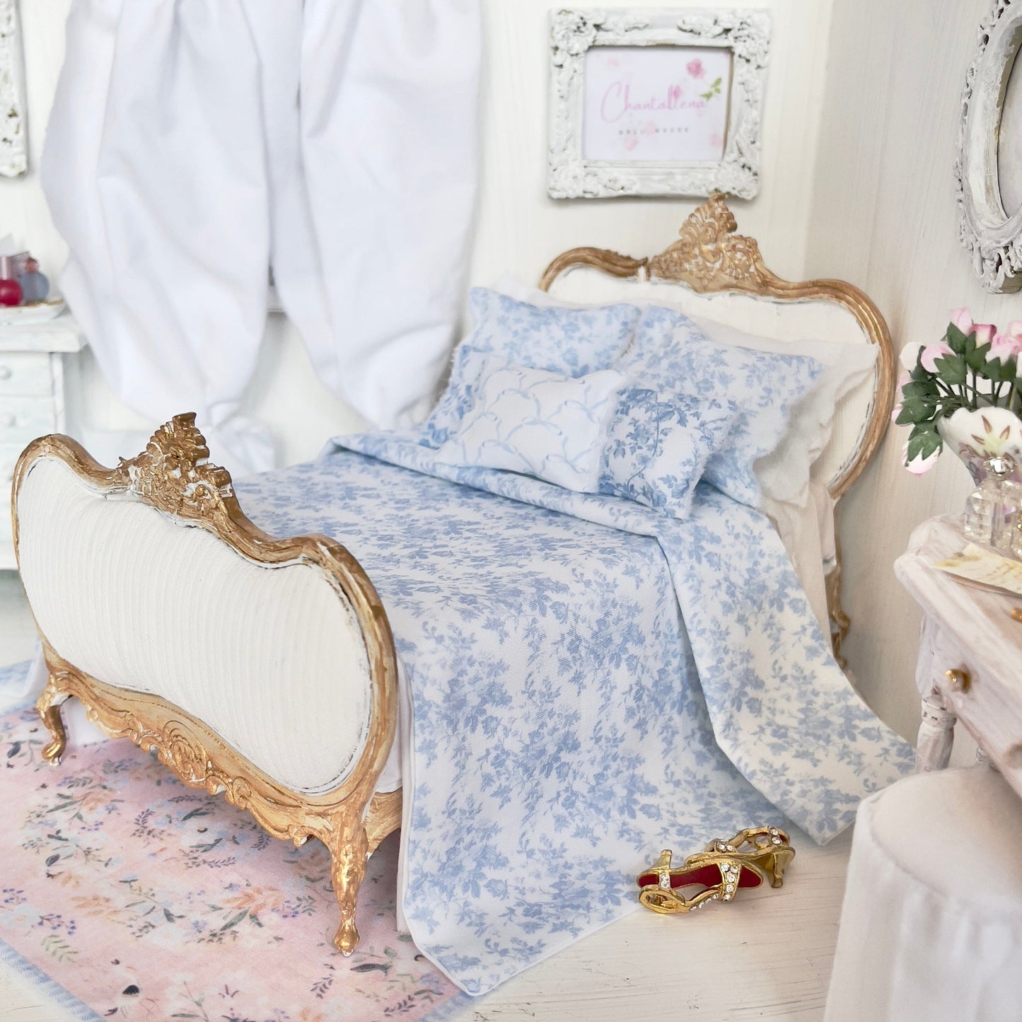 Chantallena Doll House bedding Jardin de Toile | Blue and White Cotton Toile Bedding Set| Kim