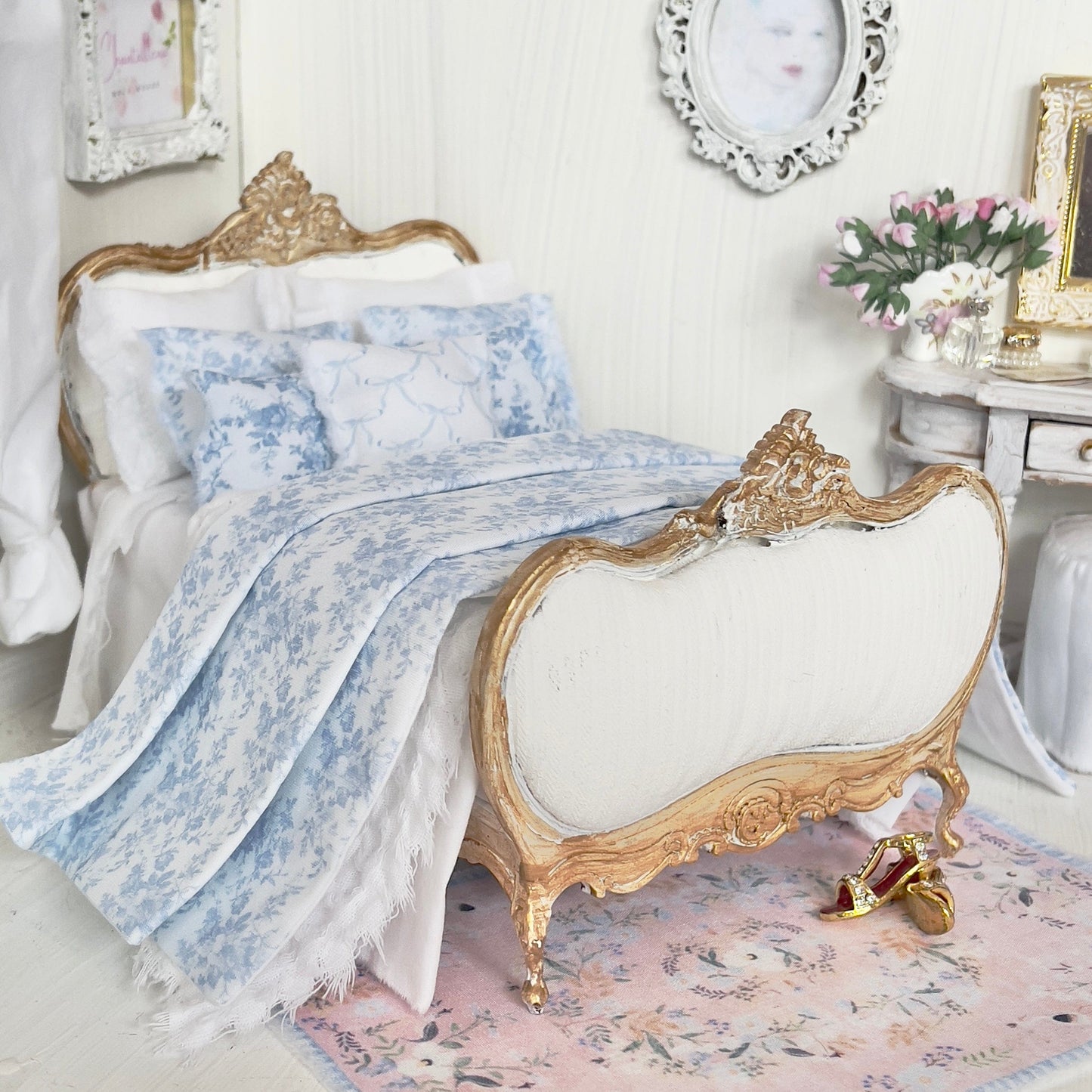 Chantallena Doll House bedding Jardin de Toile | Blue and White Cotton Toile Bedding Set| Kim