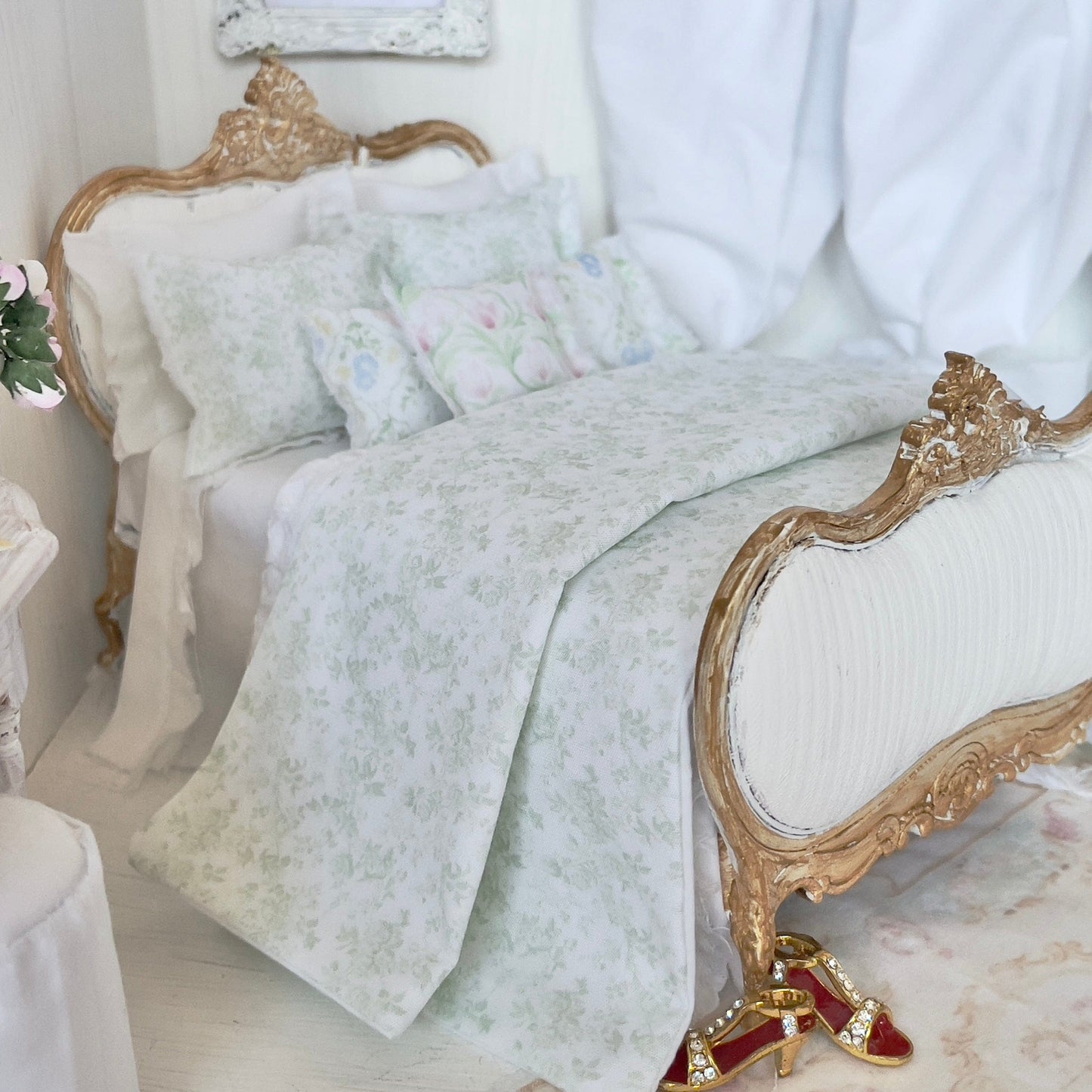 Chantallena Doll House bedding Jardin de Toile | Green and White Cotton Toile Bedding Set| Hyden