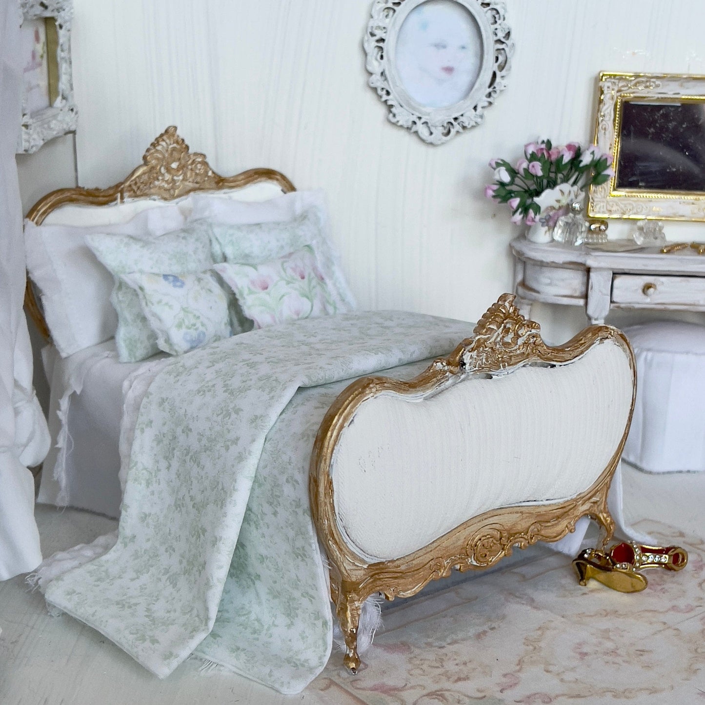 Chantallena Doll House bedding Jardin de Toile | Green and White Cotton Toile Bedding Set| Hyden