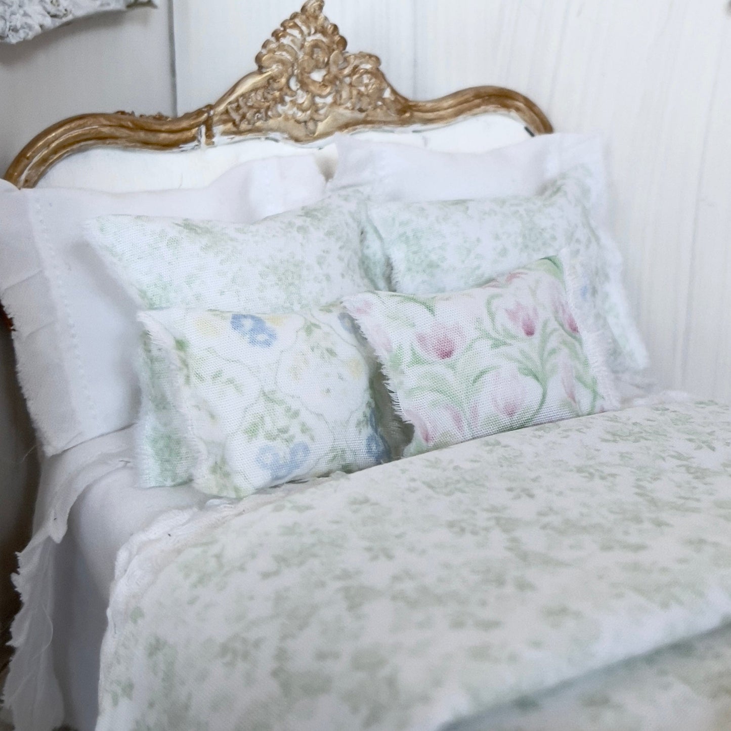 Chantallena Doll House bedding Jardin de Toile | Green and White Cotton Toile Bedding Set| Hyden