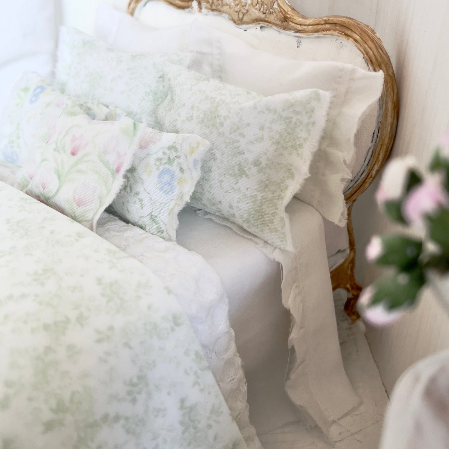 Chantallena Doll House bedding Jardin de Toile | Green and White Cotton Toile Bedding Set| Hyden