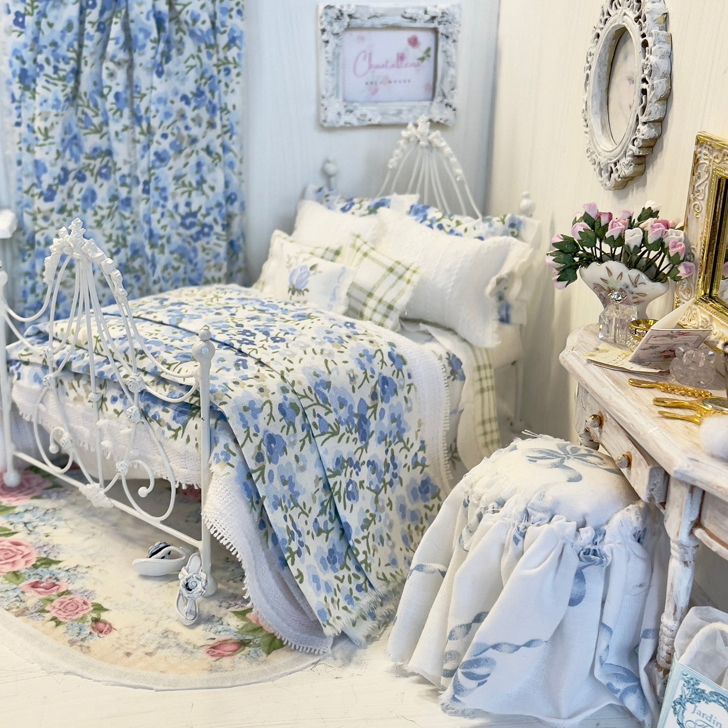 Chantallena Doll House Bedding Lillian Grace| Blue Ditsy Floral and Green Check Cotton Bedding Set