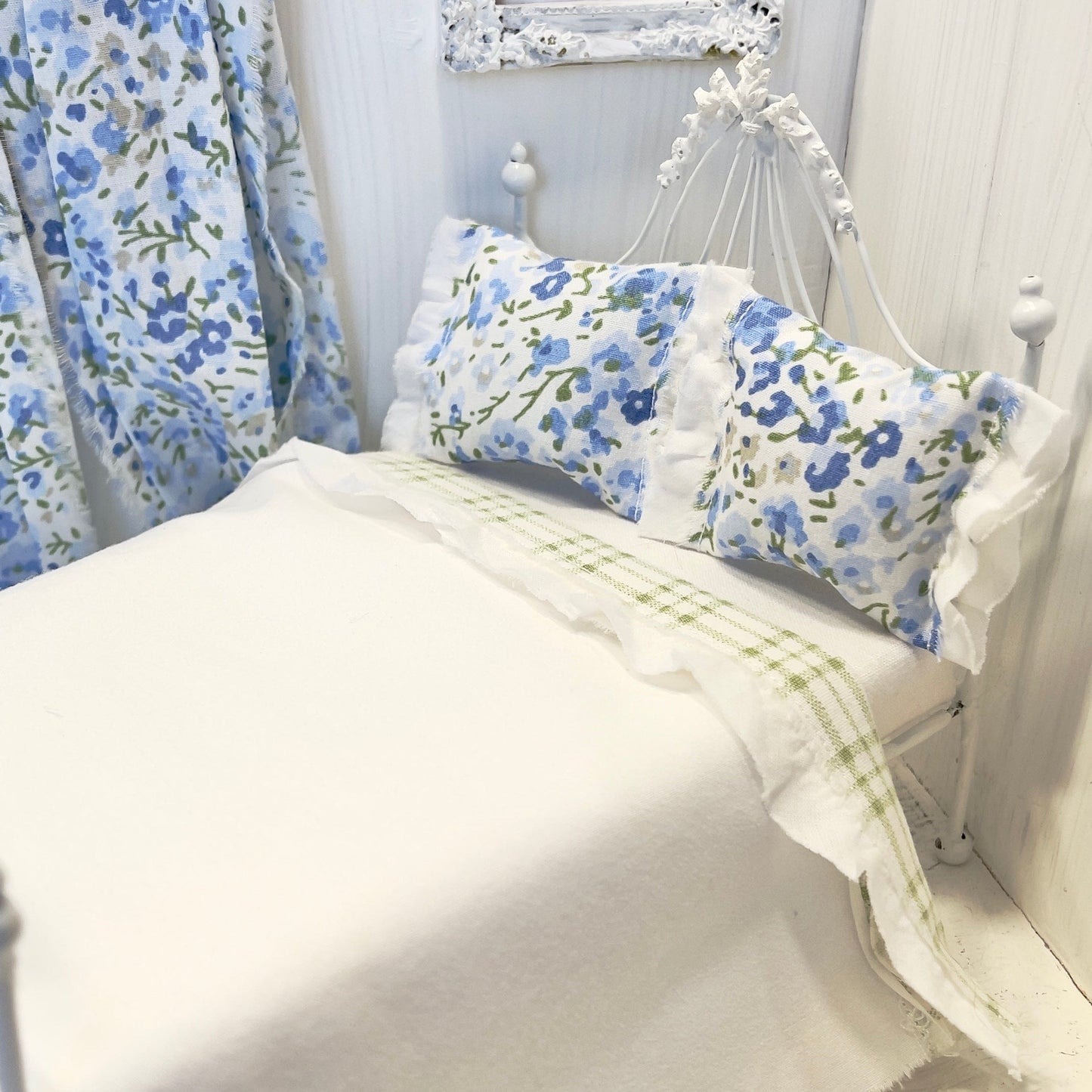 Chantallena Doll House Bedding Lillian Grace| Blue Ditsy Floral and Green Check Cotton Bedding Set