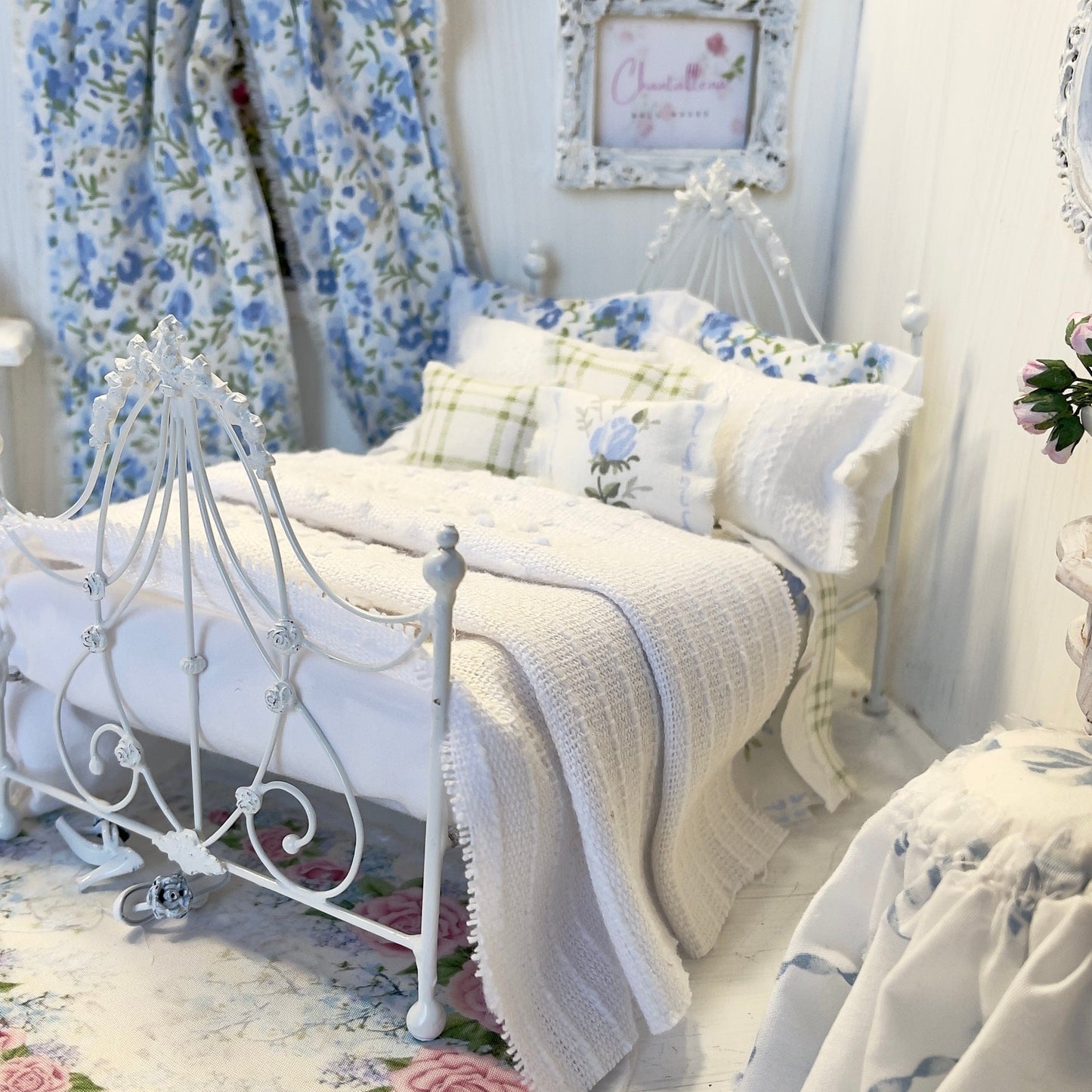 Chantallena Doll House Bedding Lillian Grace| Blue Ditsy Floral and Green Check Cotton Bedding Set