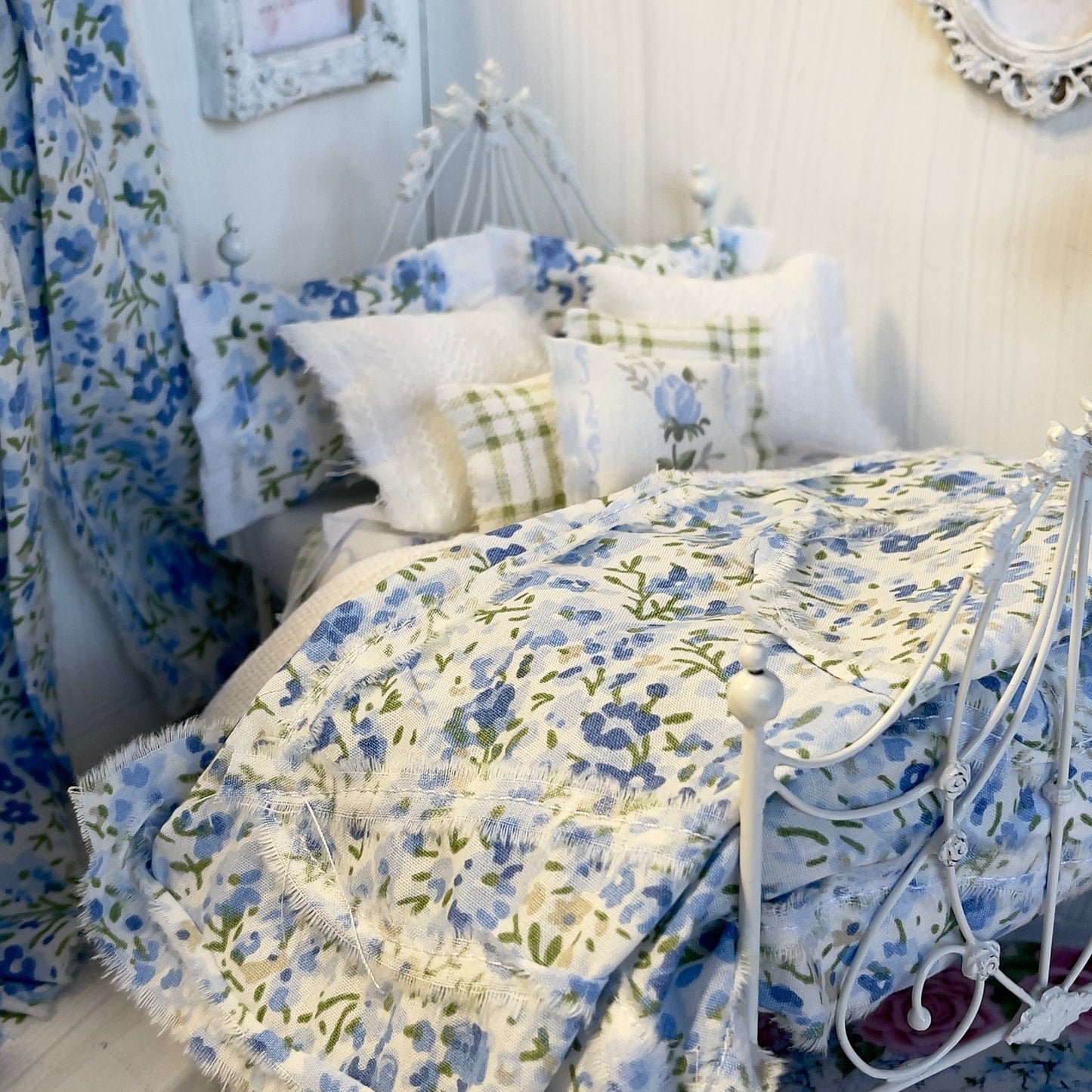 Chantallena Doll House Bedding Lillian Grace| Blue Ditsy Floral and Green Check Cotton Bedding Set