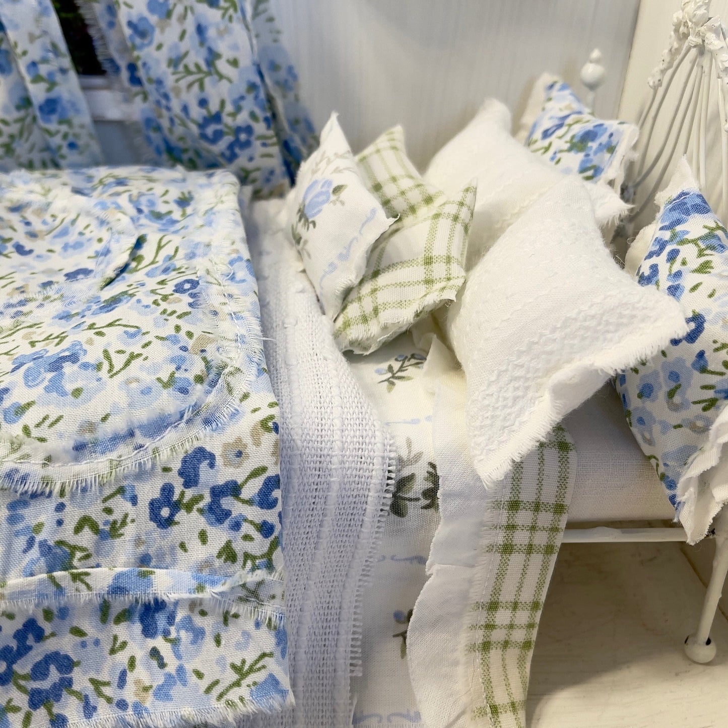 Chantallena Doll House Bedding Lillian Grace| Blue Ditsy Floral and Green Check Cotton Bedding Set