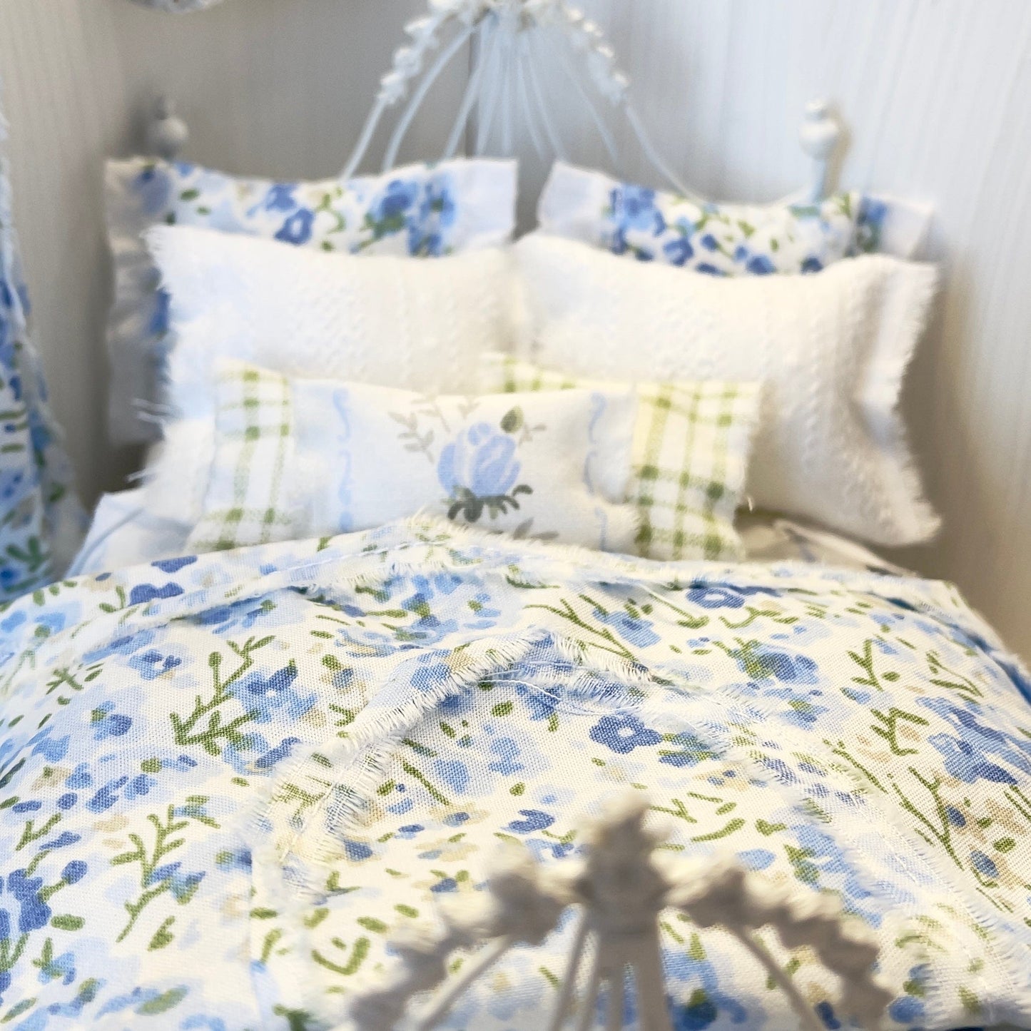 Chantallena Doll House Bedding Lillian Grace| Blue Ditsy Floral and Green Check Cotton Bedding Set