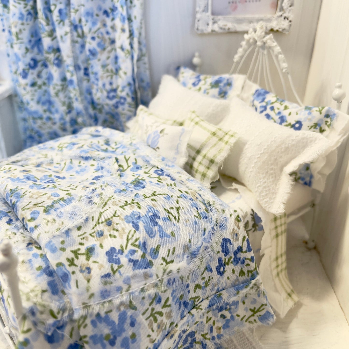 Chantallena Doll House Bedding Lillian Grace| Blue Ditsy Floral and Green Check Cotton Bedding Set