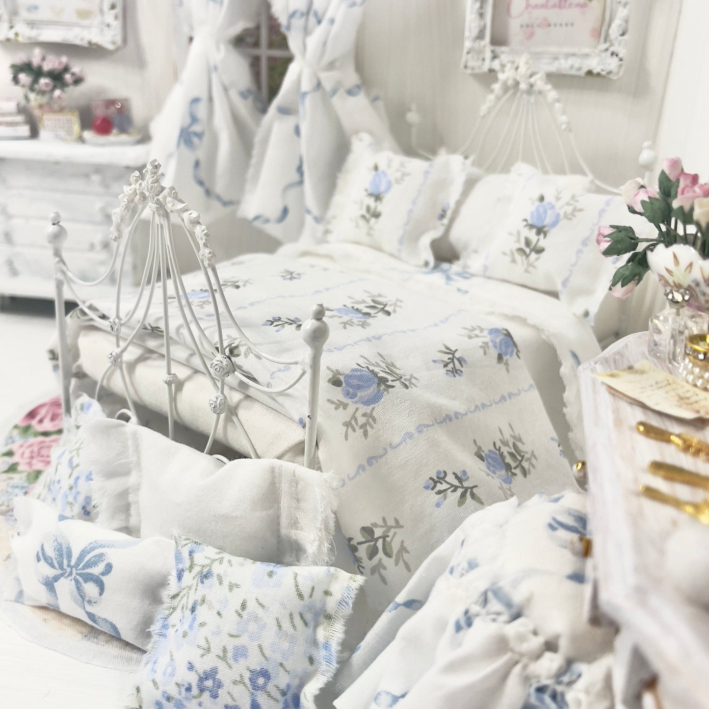 Chantallena Doll House Bedding Lillian Grace| Blue Ribboned Bow with Blue Rose Trellis Cotton Bedding Set