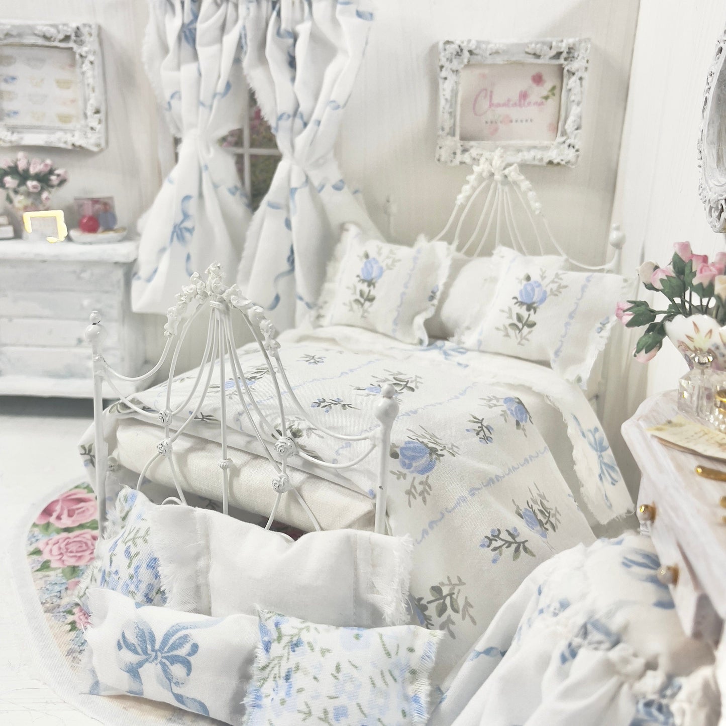 Chantallena Doll House Bedding Lillian Grace| Blue Ribboned Bow with Blue Rose Trellis Cotton Bedding Set