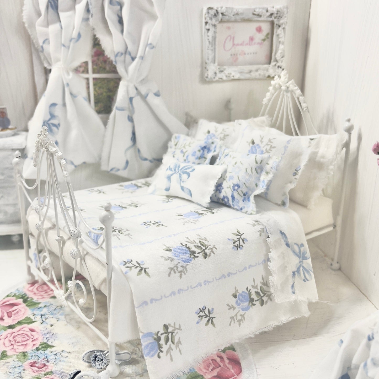 Chantallena Doll House Bedding Lillian Grace| Blue Ribboned Bow with Blue Rose Trellis Cotton Bedding Set