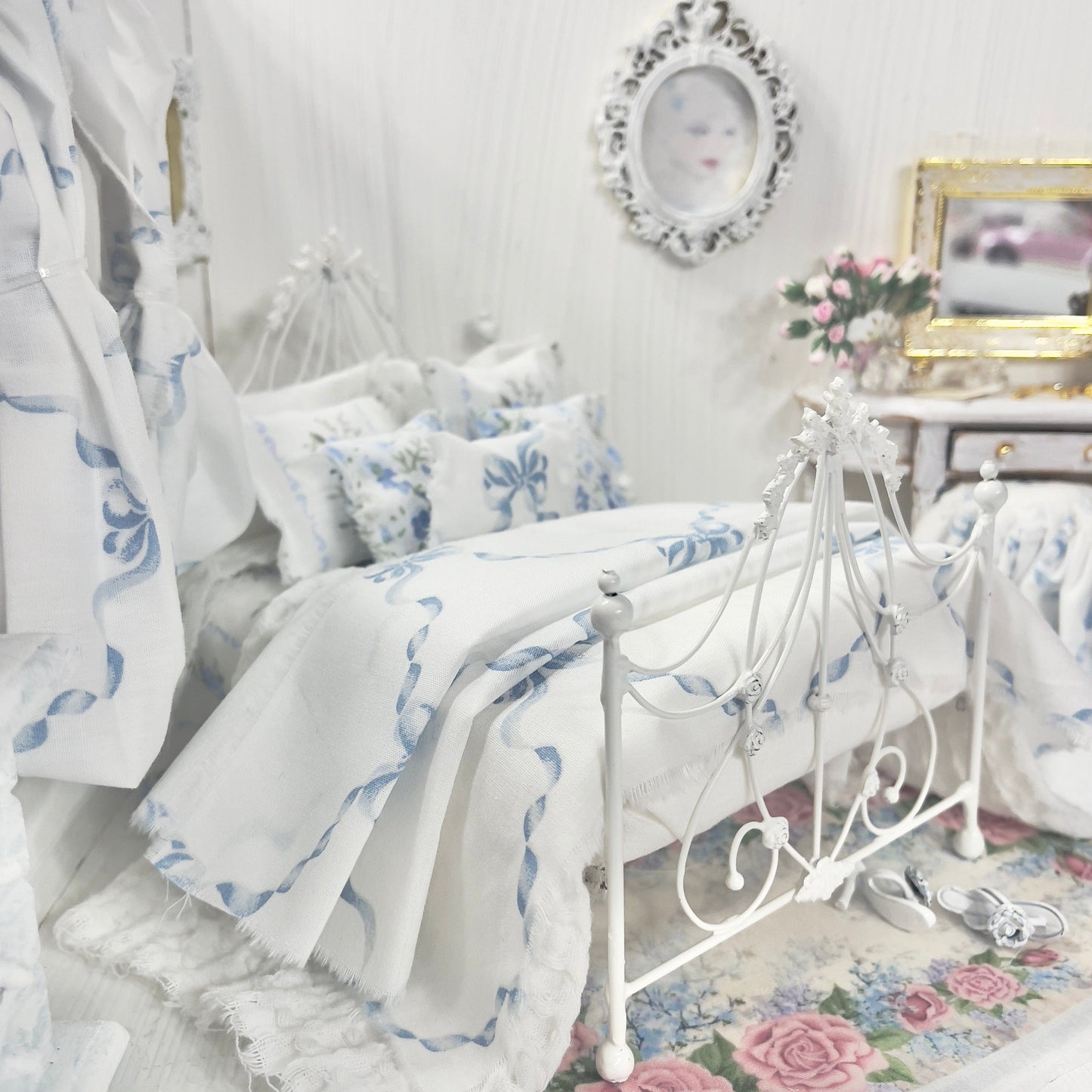 Chantallena Doll House Bedding Lillian Grace| Blue Ribboned Bow with Blue Rose Trellis Cotton Bedding Set