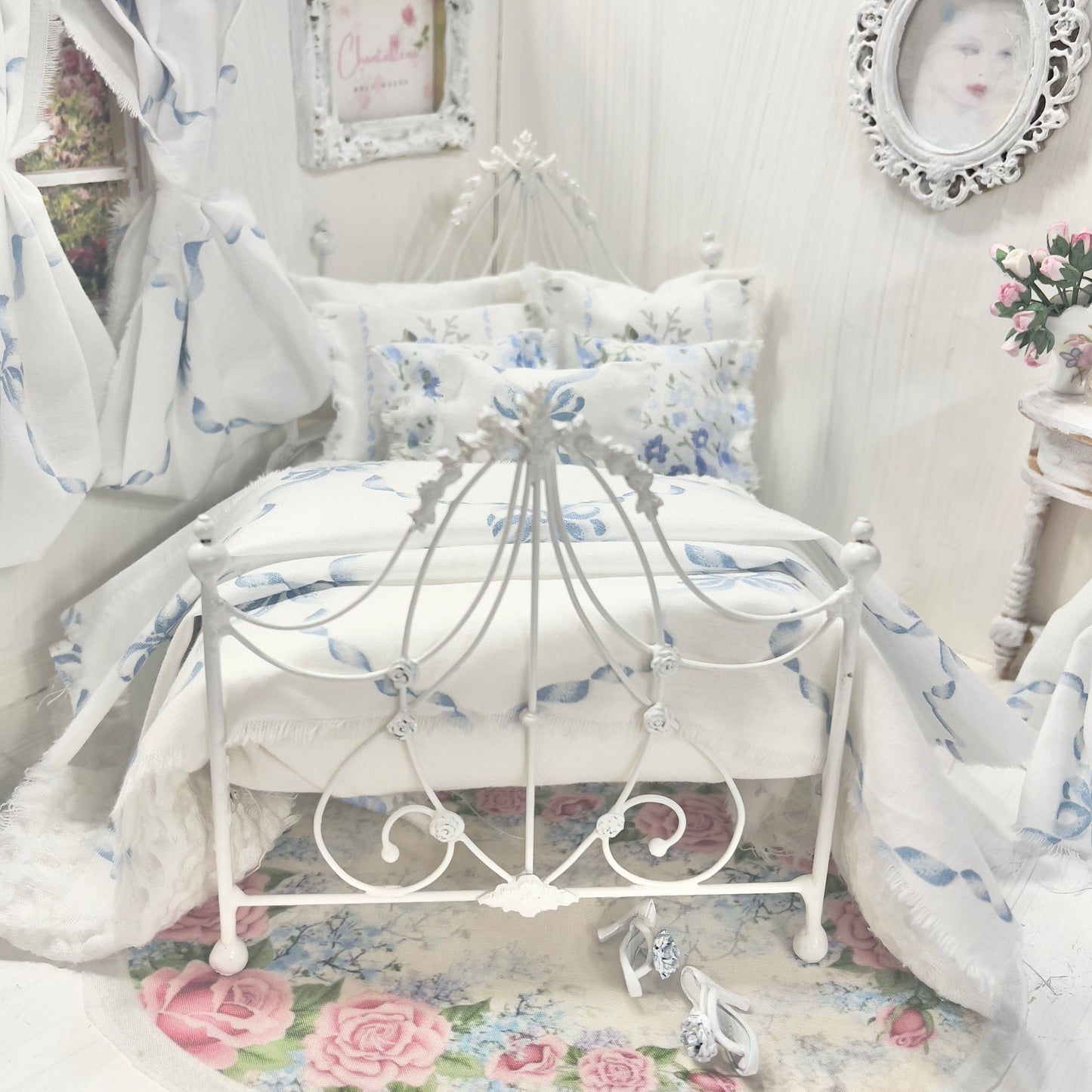 Chantallena Doll House Bedding Lillian Grace| Blue Ribboned Bow with Blue Rose Trellis Cotton Bedding Set