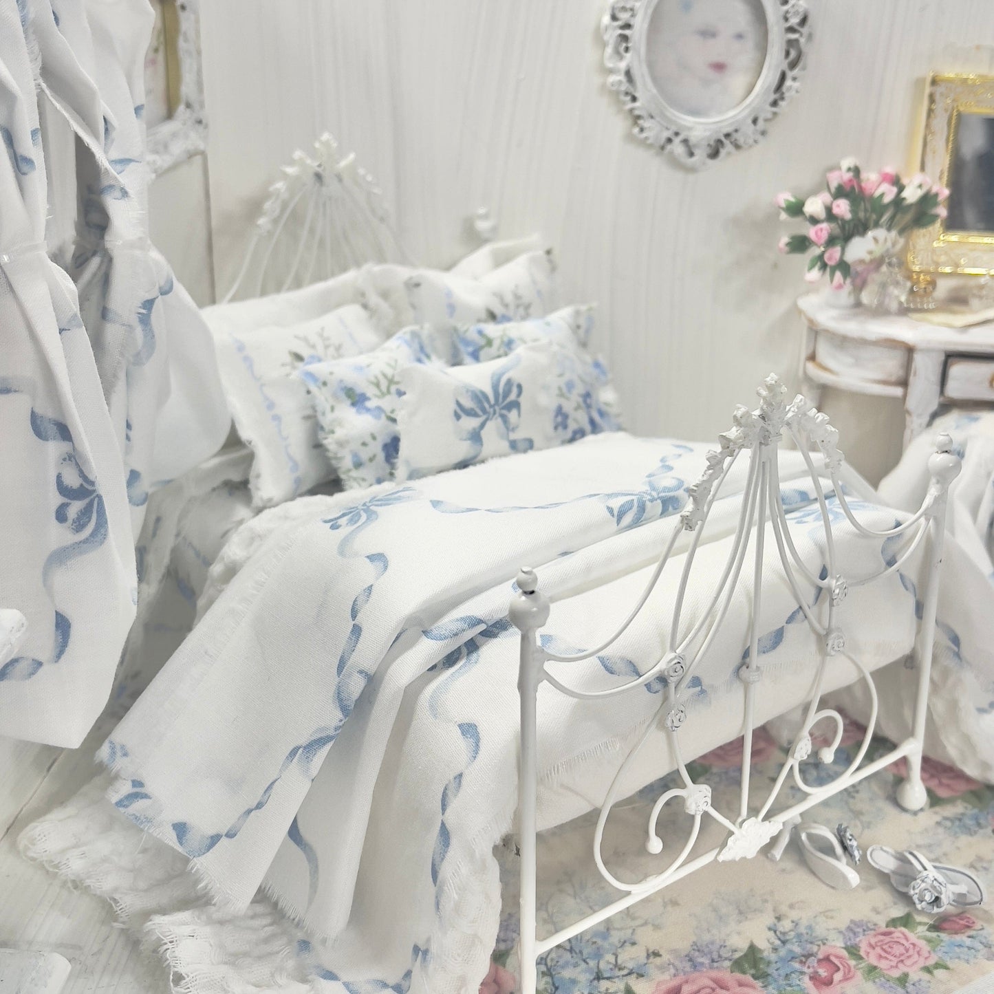 Chantallena Doll House Bedding Lillian Grace| Blue Ribboned Bow with Blue Rose Trellis Cotton Bedding Set