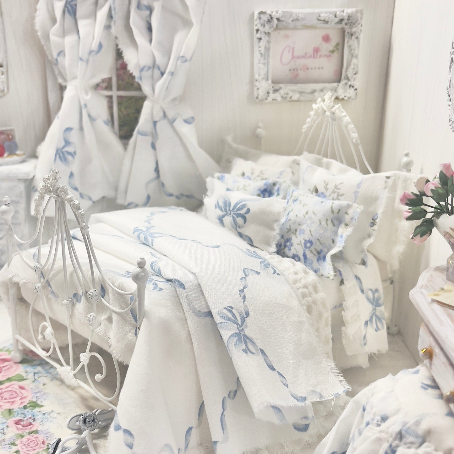 Chantallena Doll House Bedding Lillian Grace| Blue Ribboned Bow with Blue Rose Trellis Cotton Bedding Set