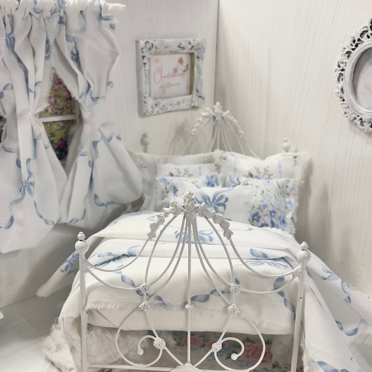 Chantallena Doll House Bedding Lillian Grace| Blue Ribboned Bow with Blue Rose Trellis Cotton Bedding Set