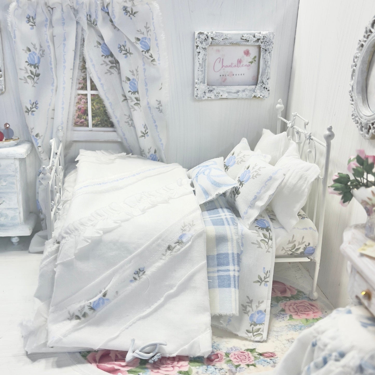 Chantallena Doll House Bedding Lillian Grace| Blue Roses Trellis Cotton Bedding Set with Pin-tucked Comforter