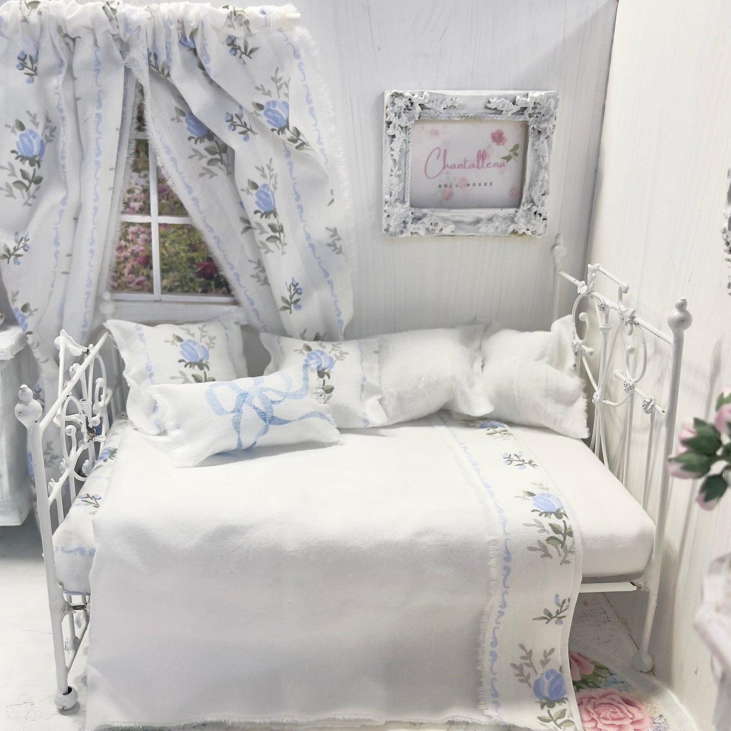 Chantallena Doll House Bedding Lillian Grace| Blue Roses Trellis Cotton Bedding Set with Pin-tucked Comforter