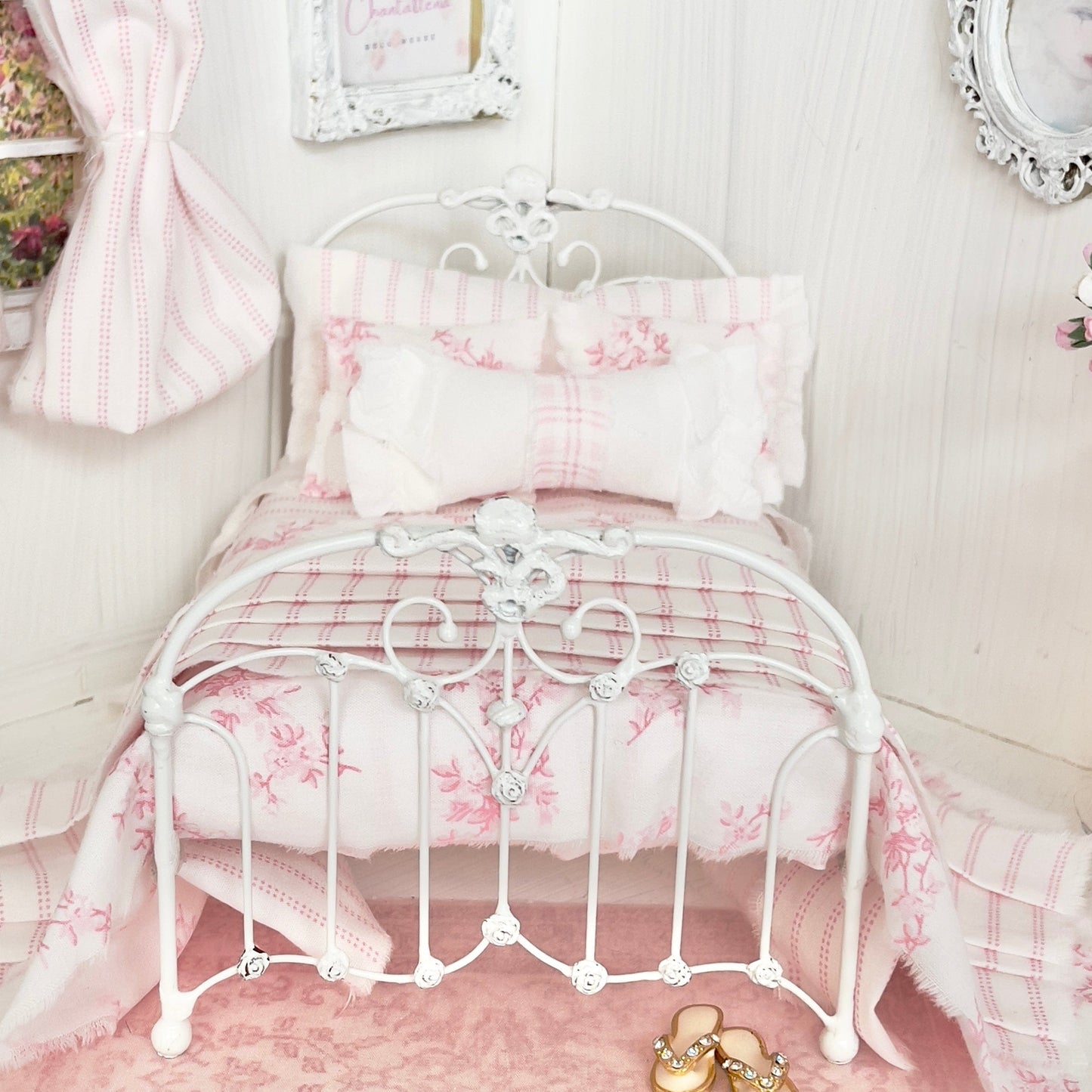 Chantallena Doll House Bedding Lillian Grace| Pink and White Stripe and Pink Toile Cotton Bedding Set