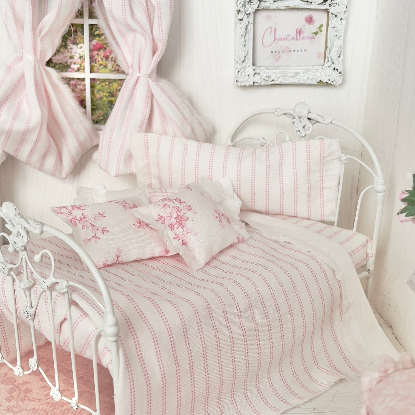 Chantallena Doll House Bedding Lillian Grace| Pink and White Stripe and Pink Toile Cotton Bedding Set
