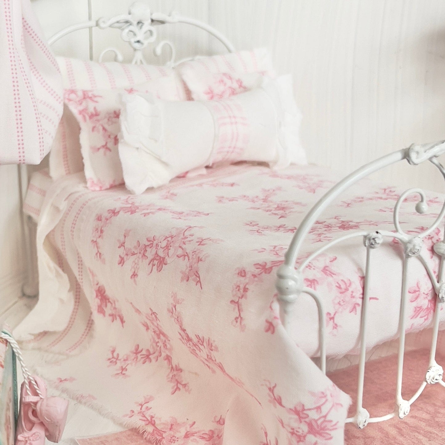 Chantallena Doll House Bedding Lillian Grace| Pink and White Stripe and Pink Toile Cotton Bedding Set