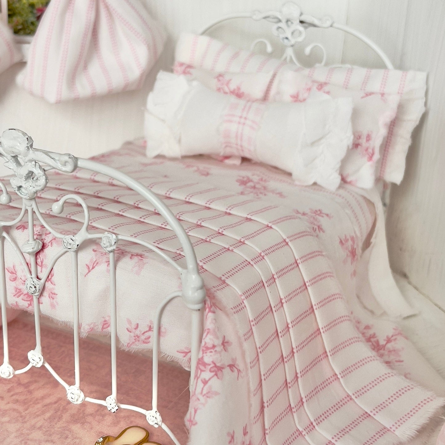 Chantallena Doll House Bedding Lillian Grace| Pink and White Stripe and Pink Toile Cotton Bedding Set