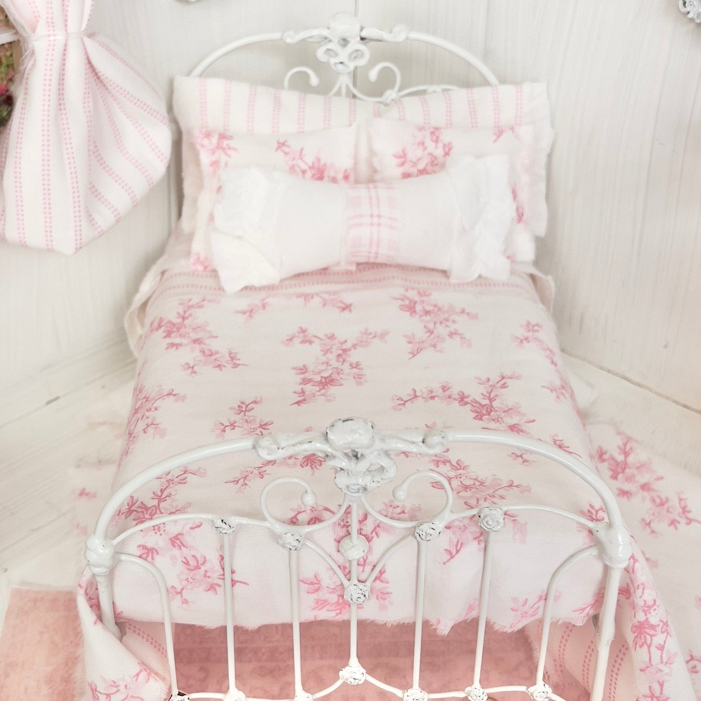 Chantallena Doll House Bedding Lillian Grace| Pink and White Stripe and Pink Toile Cotton Bedding Set