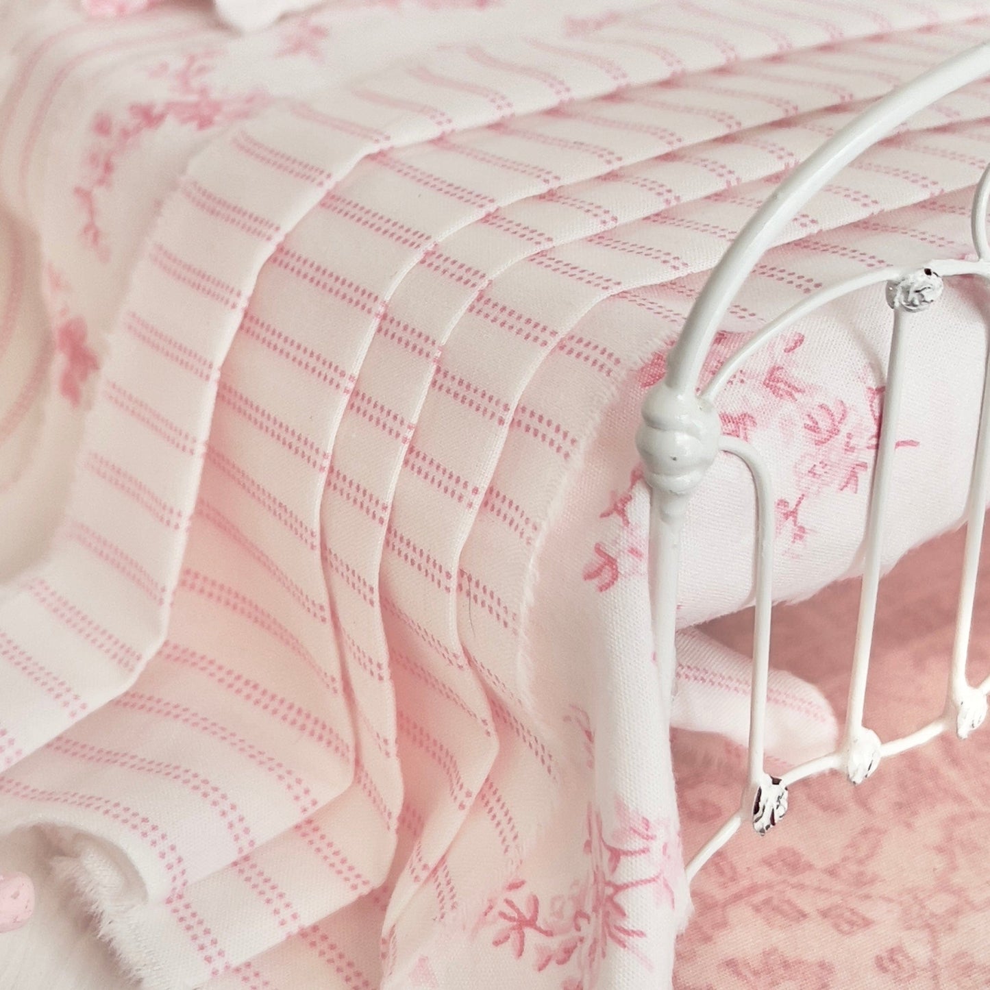 Chantallena Doll House Bedding Lillian Grace| Pink and White Stripe and Pink Toile Cotton Bedding Set