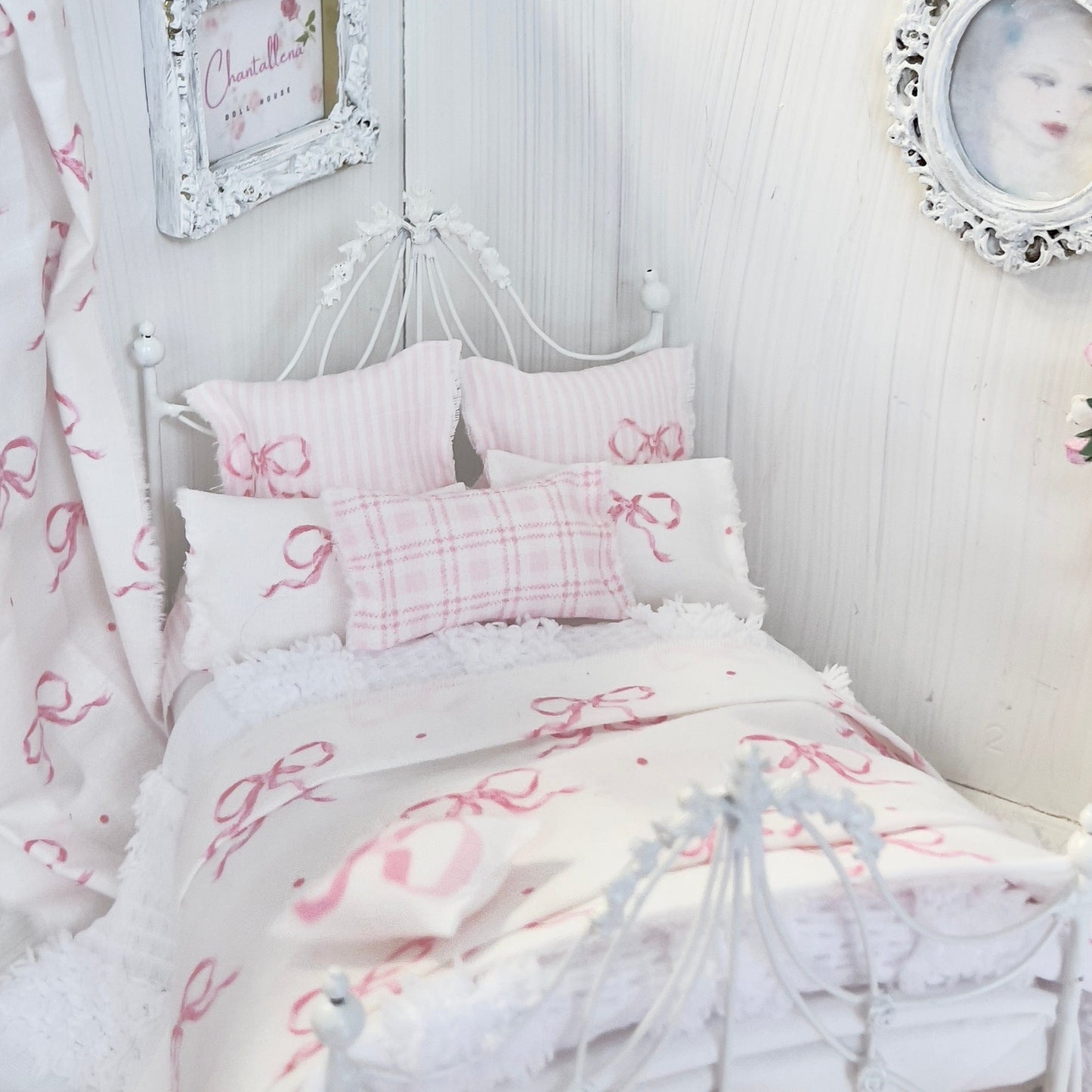 Chantallena Doll House Bedding Lillian Grace| Pink Bow and Pink Stripe Cotton Bedding Set