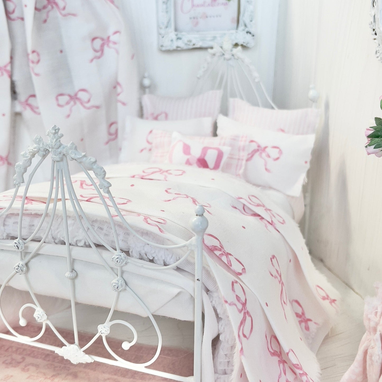 Chantallena Doll House Bedding Lillian Grace| Pink Bow and Pink Stripe Cotton Bedding Set