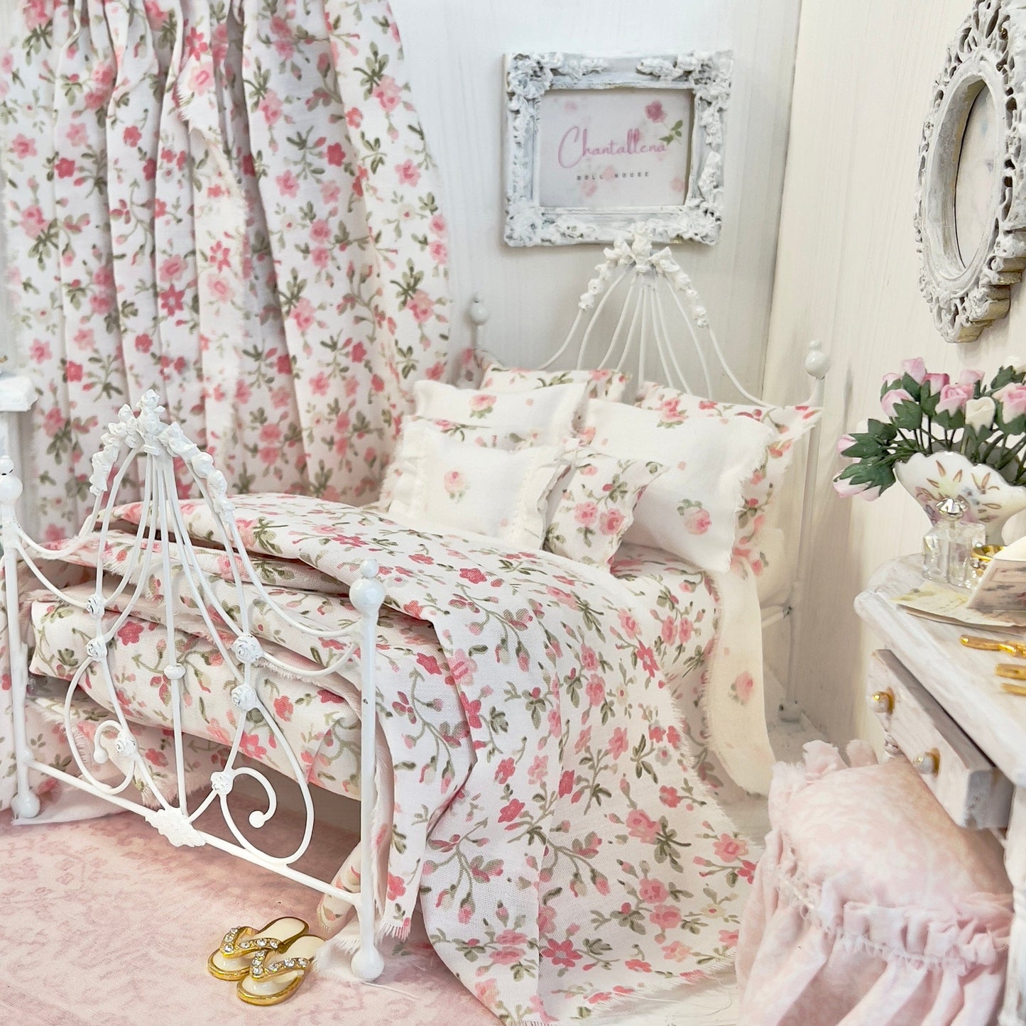Chantallena Doll House Bedding Lillian Grace| Pink Ditsy Floral and Pink Roses Cotton Bedding Set