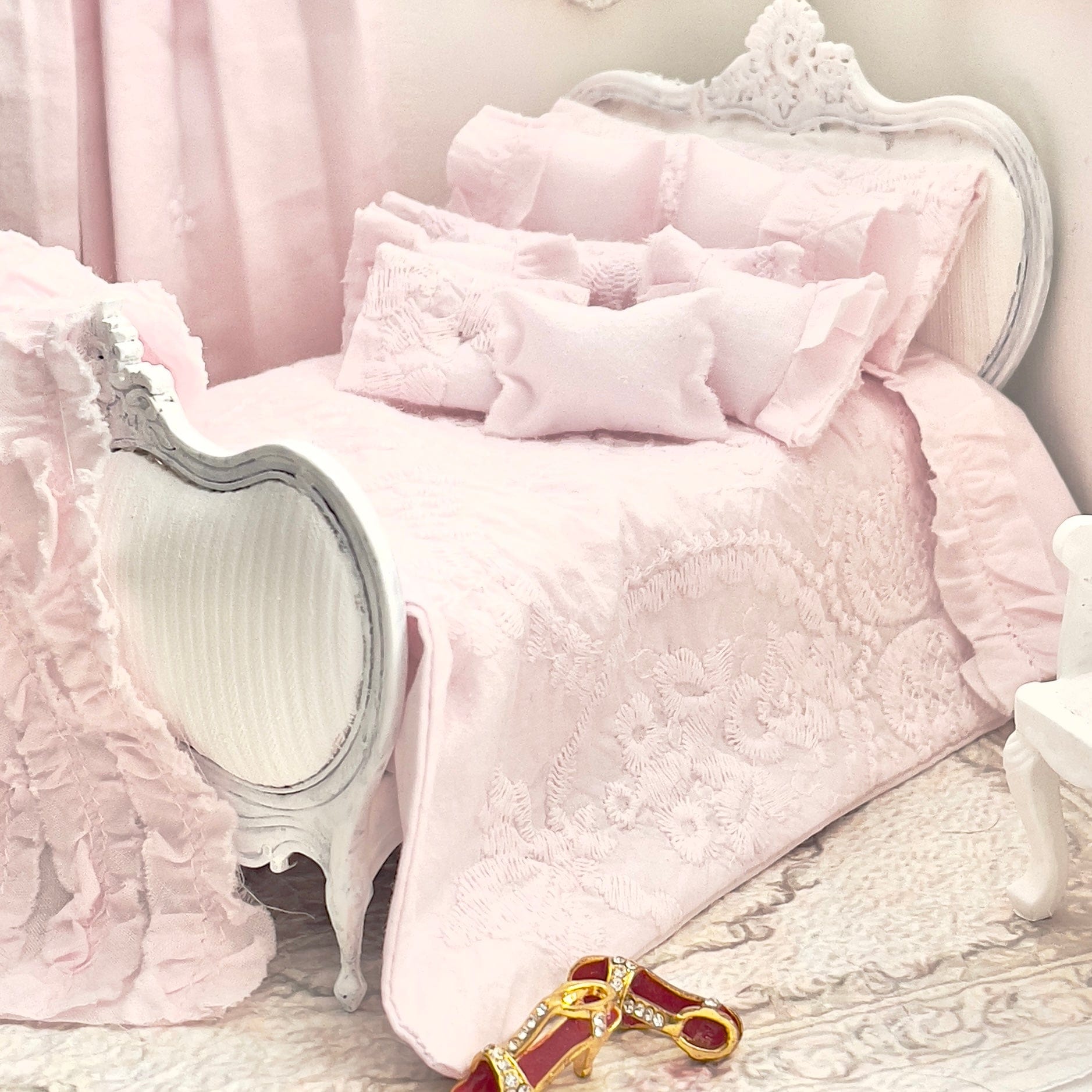 Chantallena Doll House Bedding Shabby Cottage | Pink Cotton Embroidered Set with Pink Ruffles | Pink Embroidered