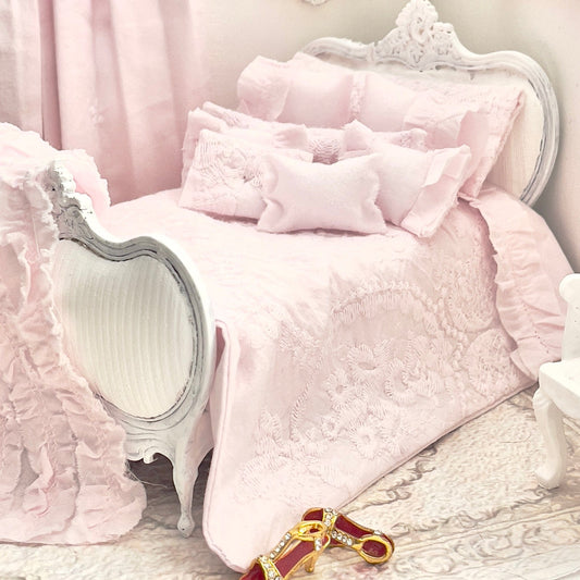 Chantallena Doll House Bedding Shabby Cottage | Pink Cotton Embroidered Set with Pink Ruffles | Pink Embroidered