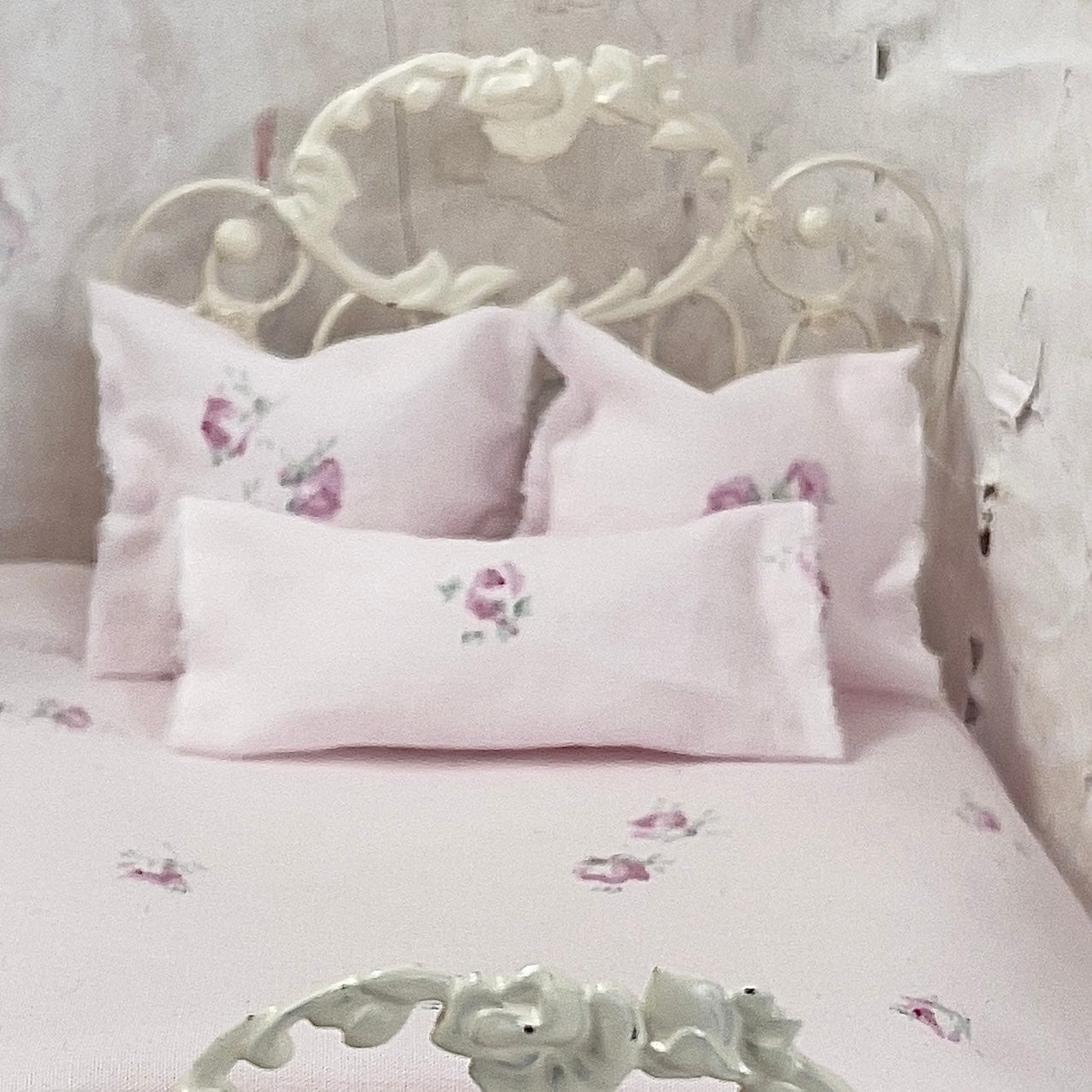 Chantallena Doll House Bedding Simply Lena | Five Piece Dark Pink Petite Roses on Pink Cotton Bedding Set |
