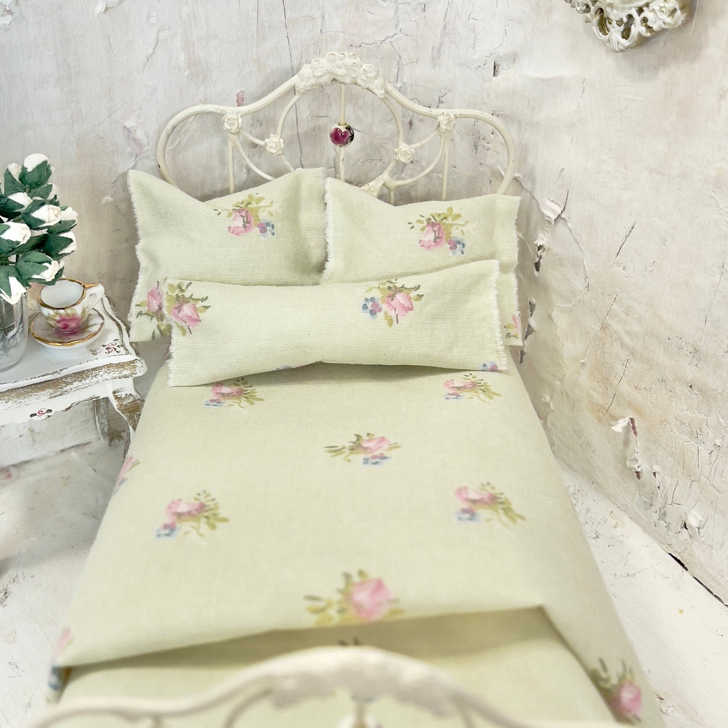 Chantallena Doll House Bedding Simply Lena | Five Piece Green Cotton with Pink Scattered Roses Bedding Set |