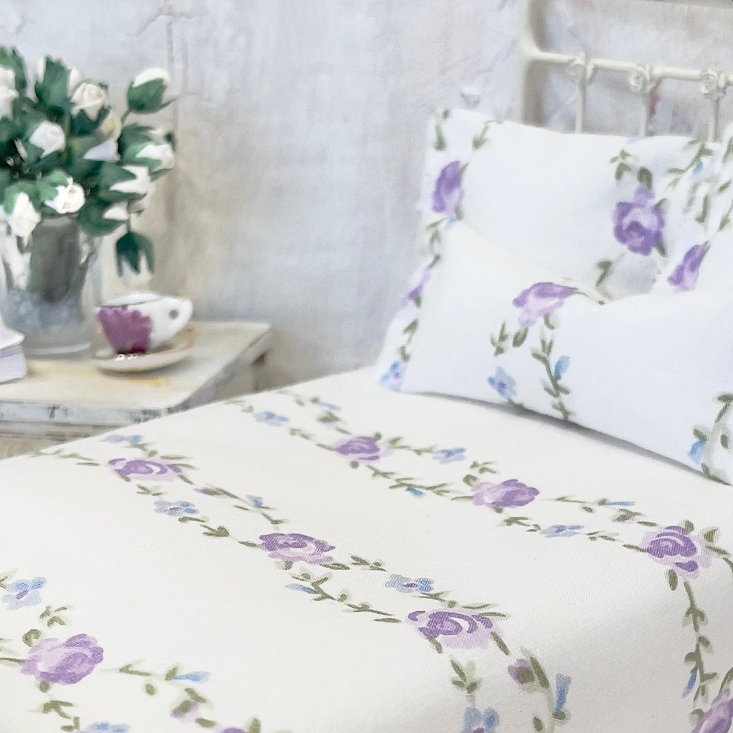 Chantallena Doll House Bedding Simply Lena | Five Piece Lavender Roses on White Cotton Bedding Set |