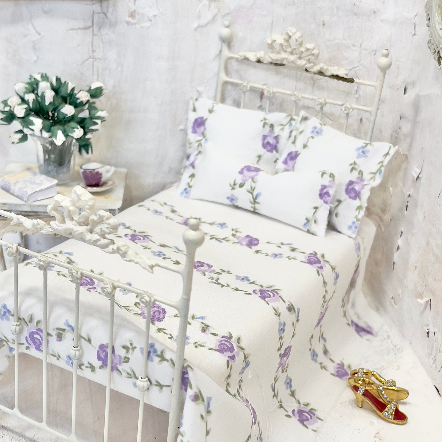 Chantallena Doll House Bedding Simply Lena | Five Piece Lavender Roses on White Cotton Bedding Set |