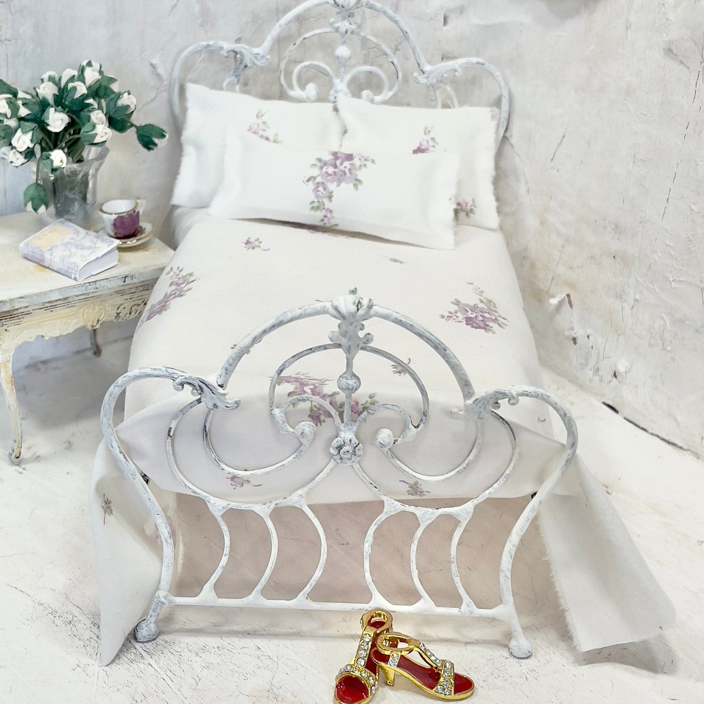 Chantallena Doll House Bedding Simply Lena | Five Piece Lavender Roses on White Cotton Bedding Set |