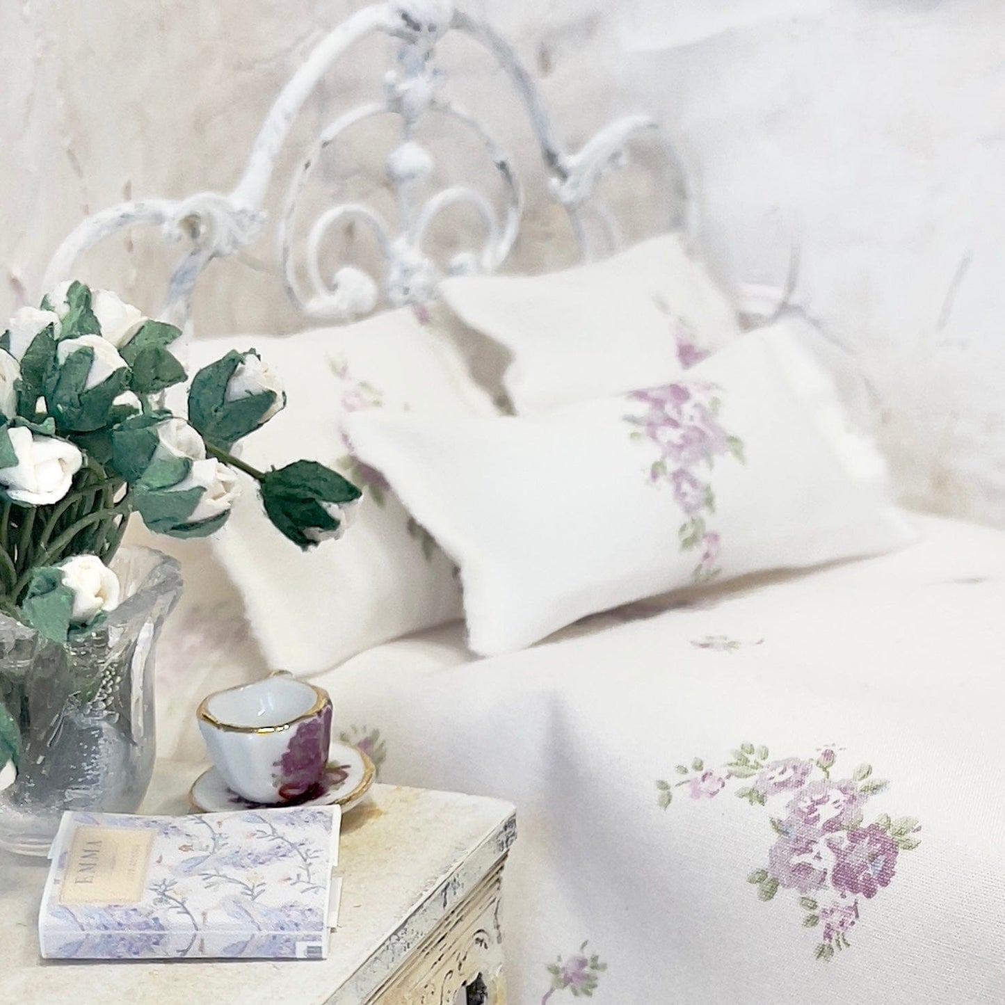 Chantallena Doll House Bedding Simply Lena | Five Piece Lavender Roses on White Cotton Bedding Set |