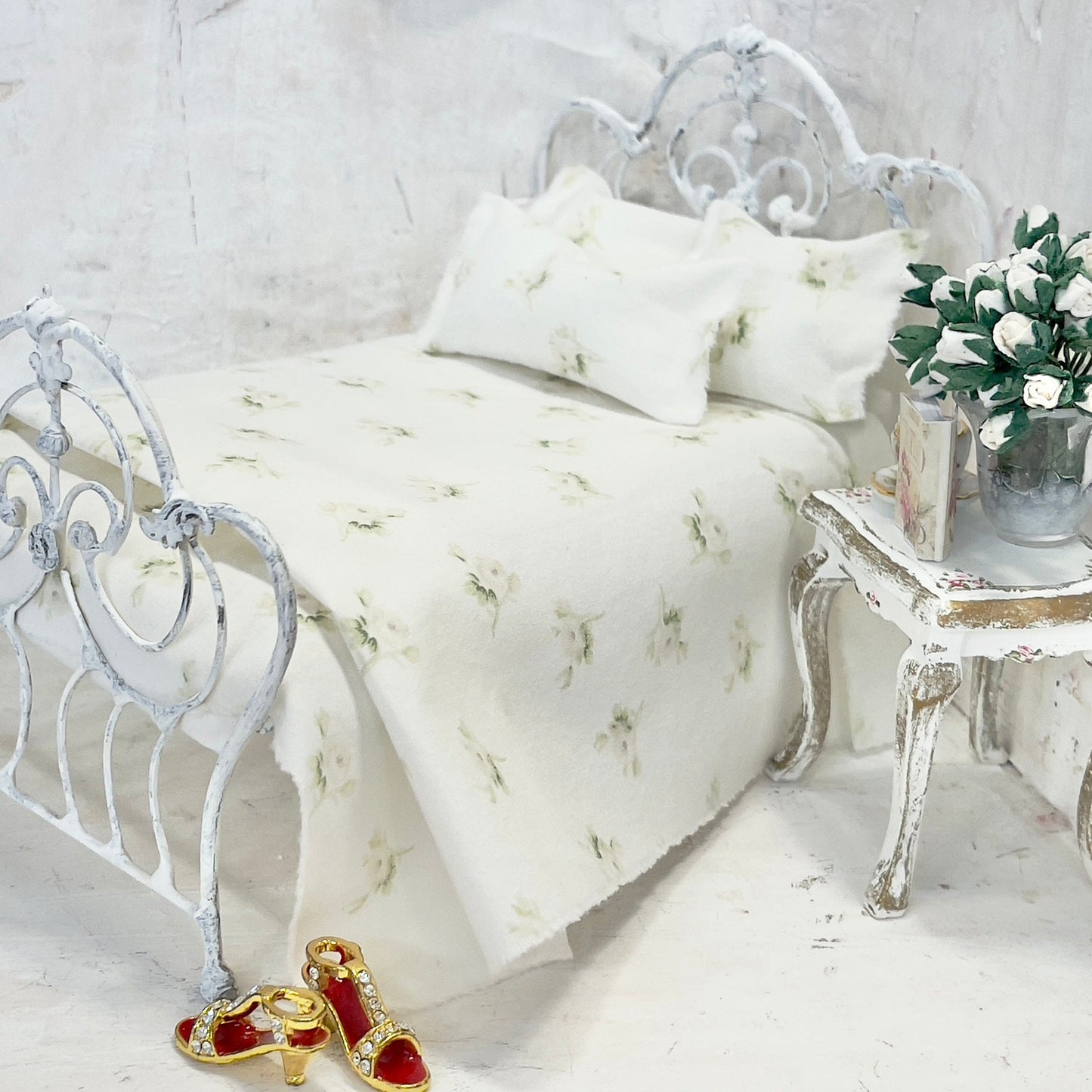 Chantallena Doll House Bedding Simply Lena | Five Piece Petite Pink Roses on White Cotton Bedding Set |