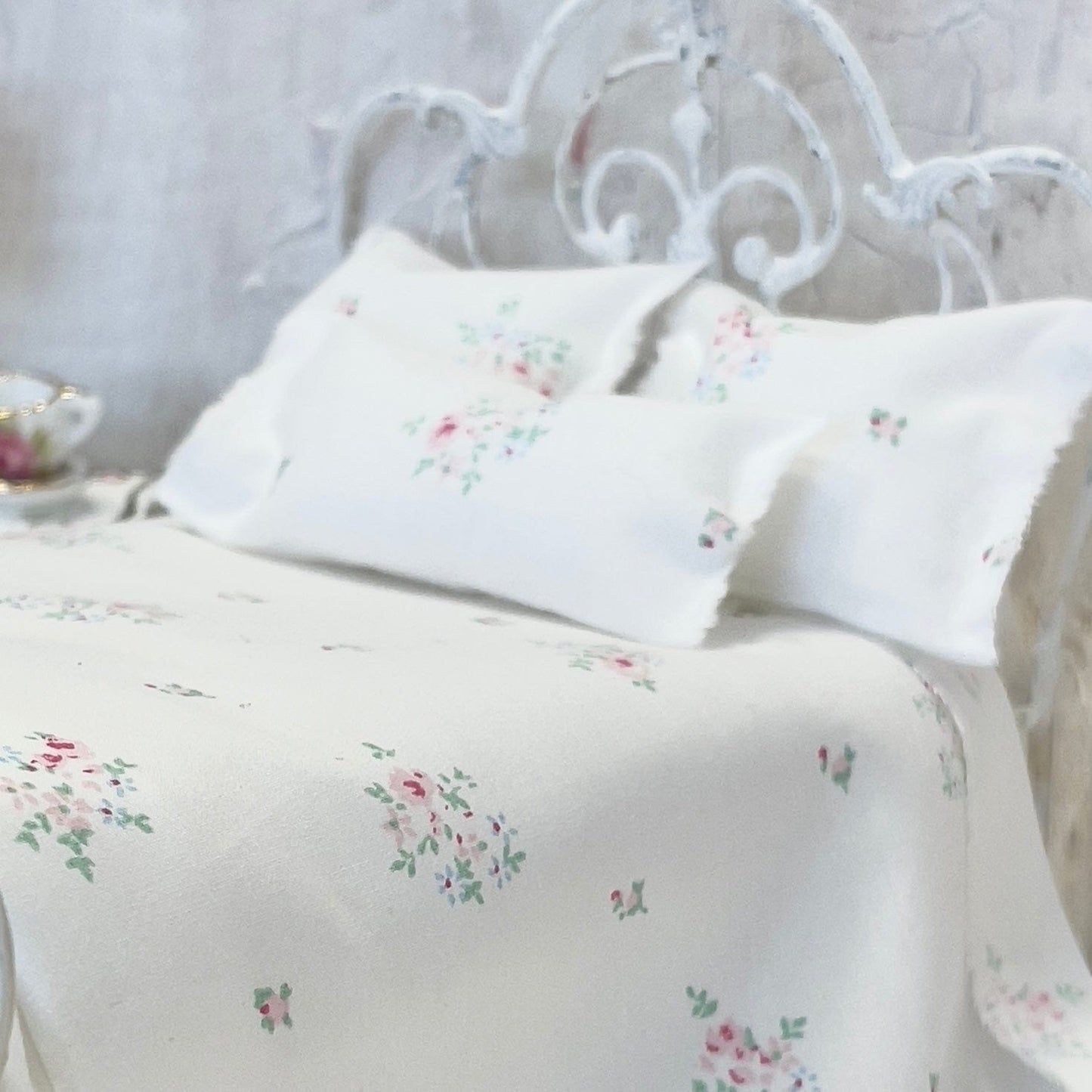 Chantallena Doll House Bedding Simply Lena | Five Piece Pink and Blue Clustered Florals on White Cotton Bedding Set |