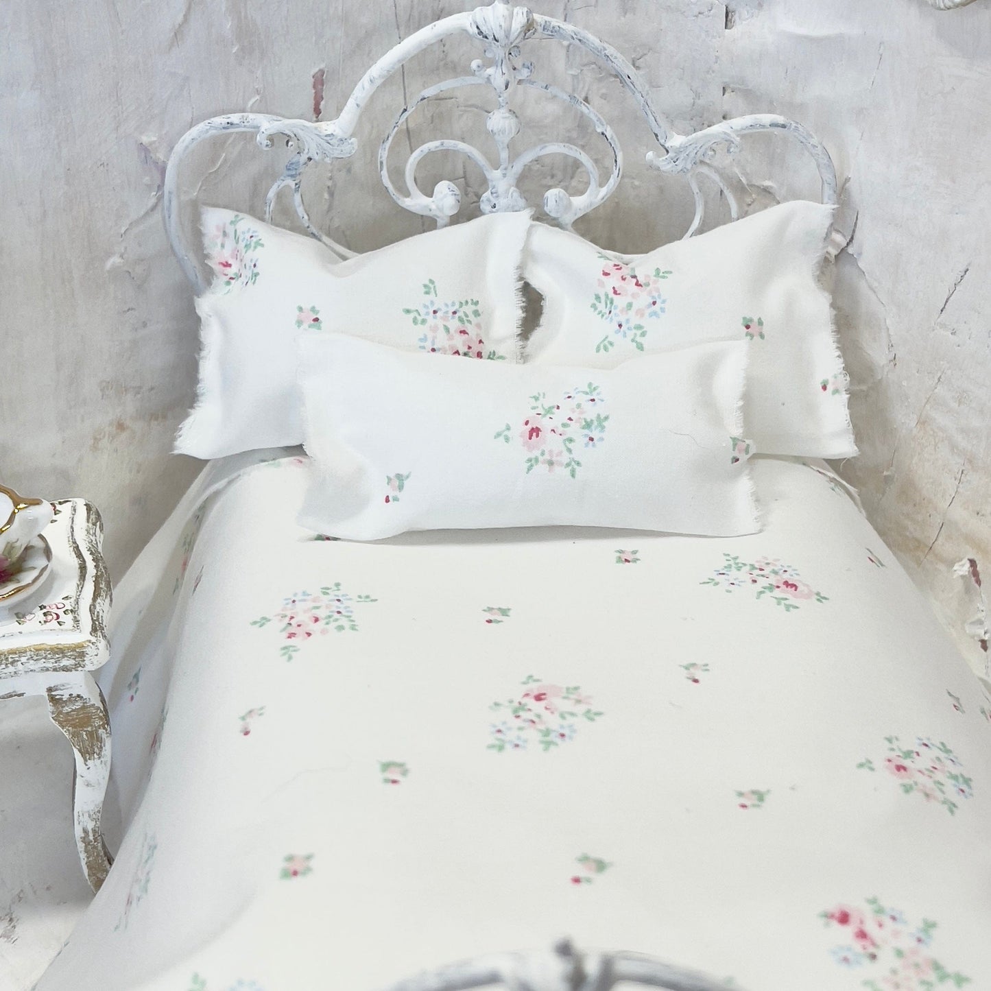 Chantallena Doll House Bedding Simply Lena | Five Piece Pink and Blue Clustered Florals on White Cotton Bedding Set |
